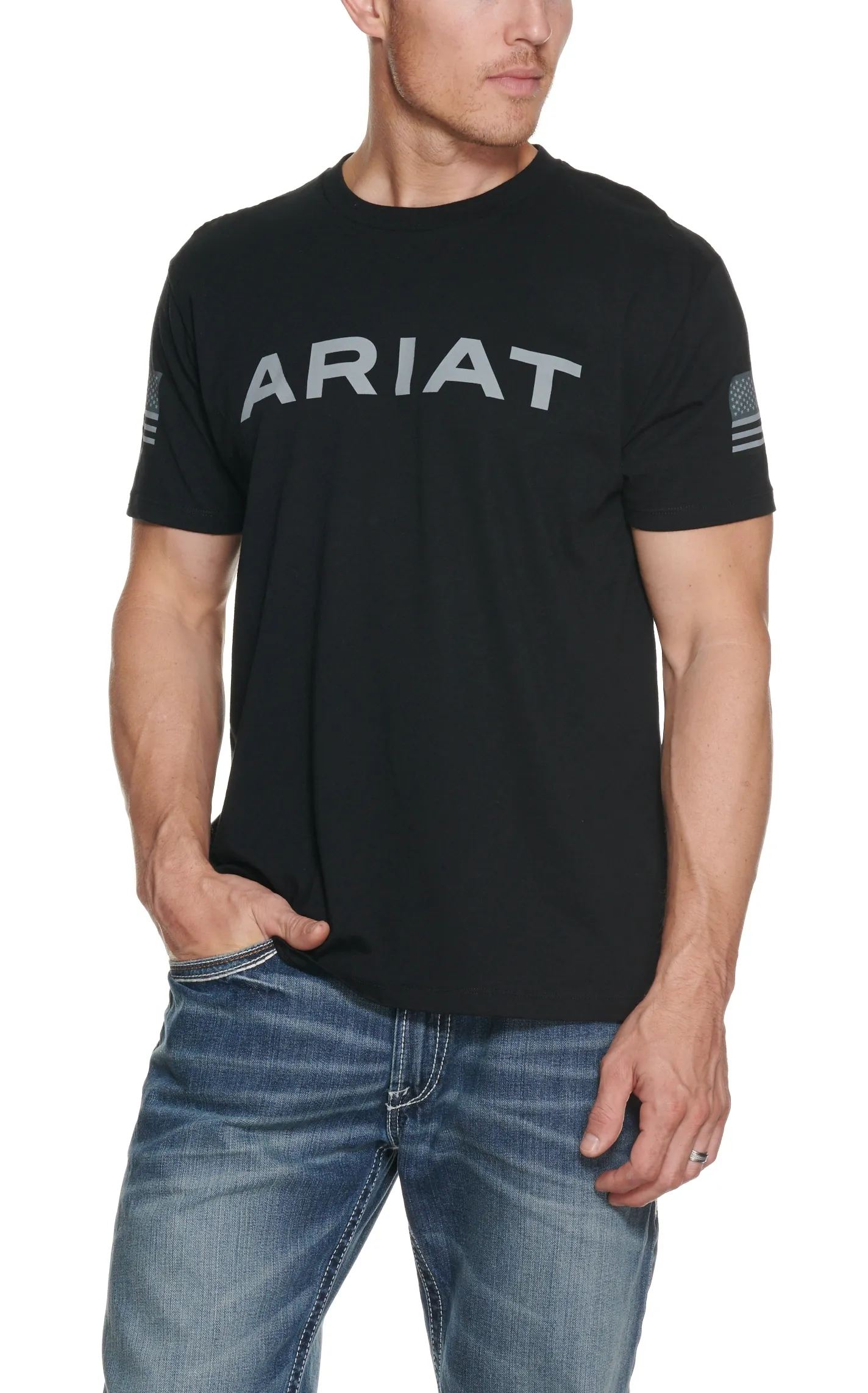 Ariat Men's Black with Grey Logo and USA Flag on Short Sleeves T-Shirt