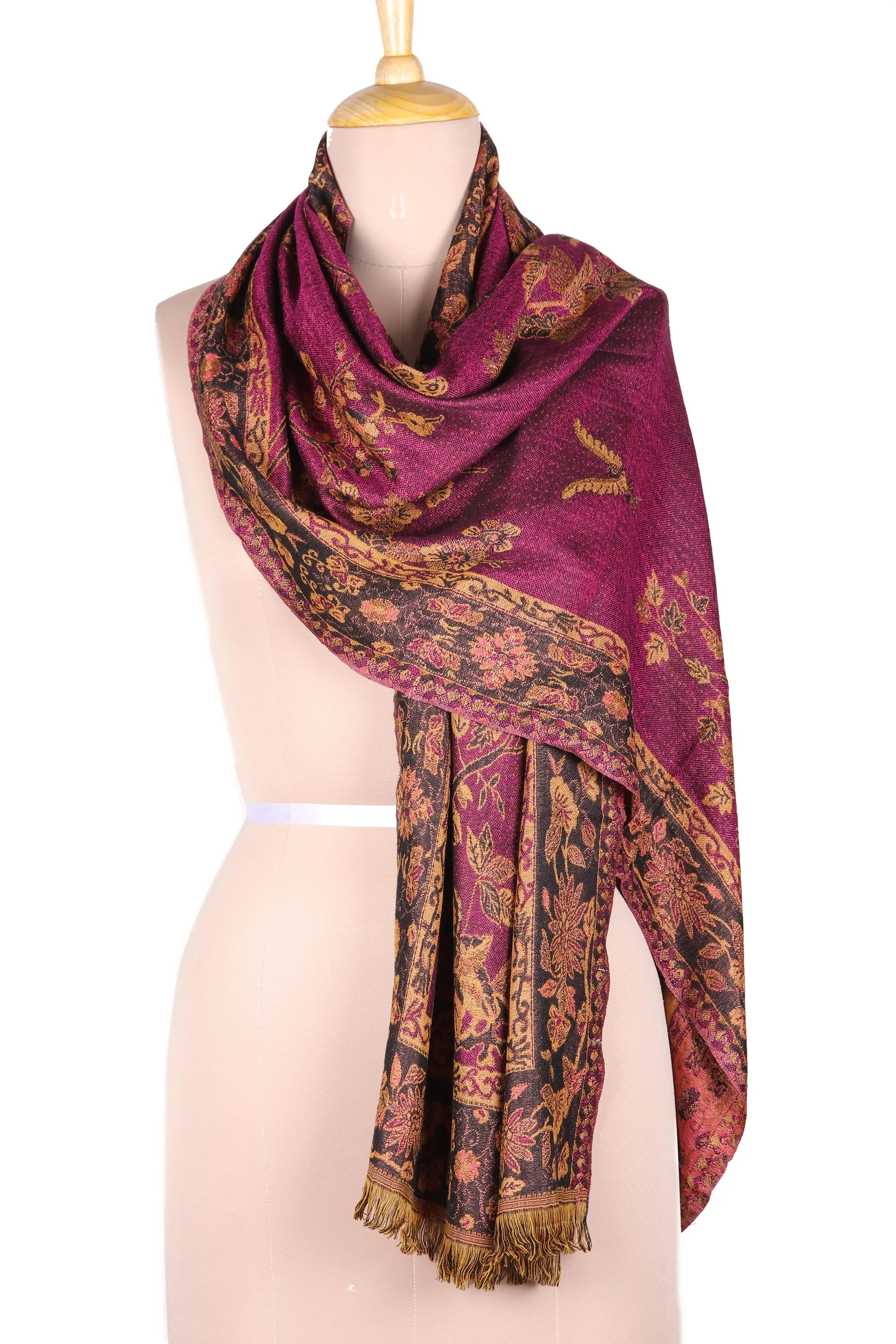 Azalea Garden Floral Motif Jamawar Wool Scarf in Azalea from India