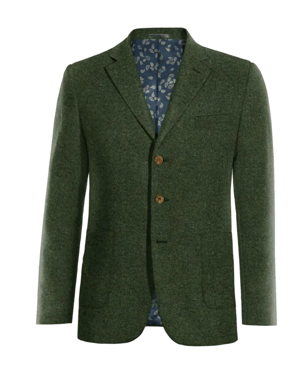  Blazer verde bosque de tweed herringbone esencial de 3 botones