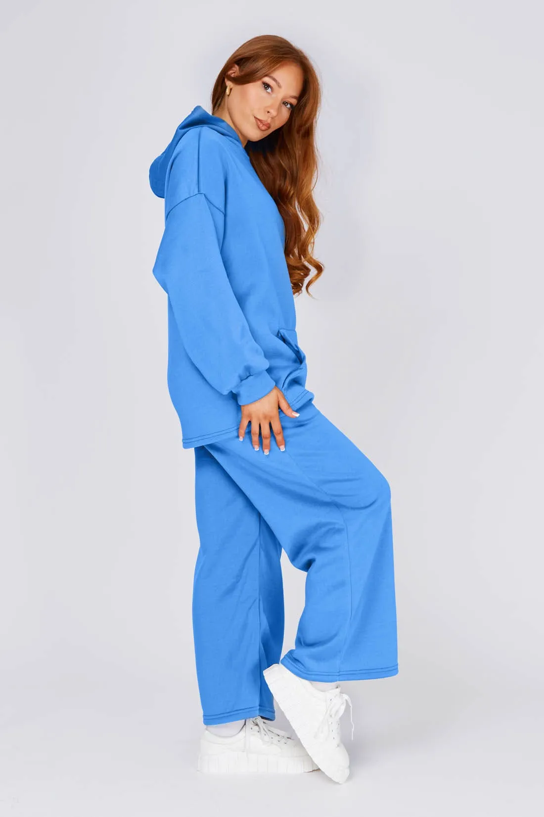 Blue Oversized Hoodie And Wide Leg Joggers Set