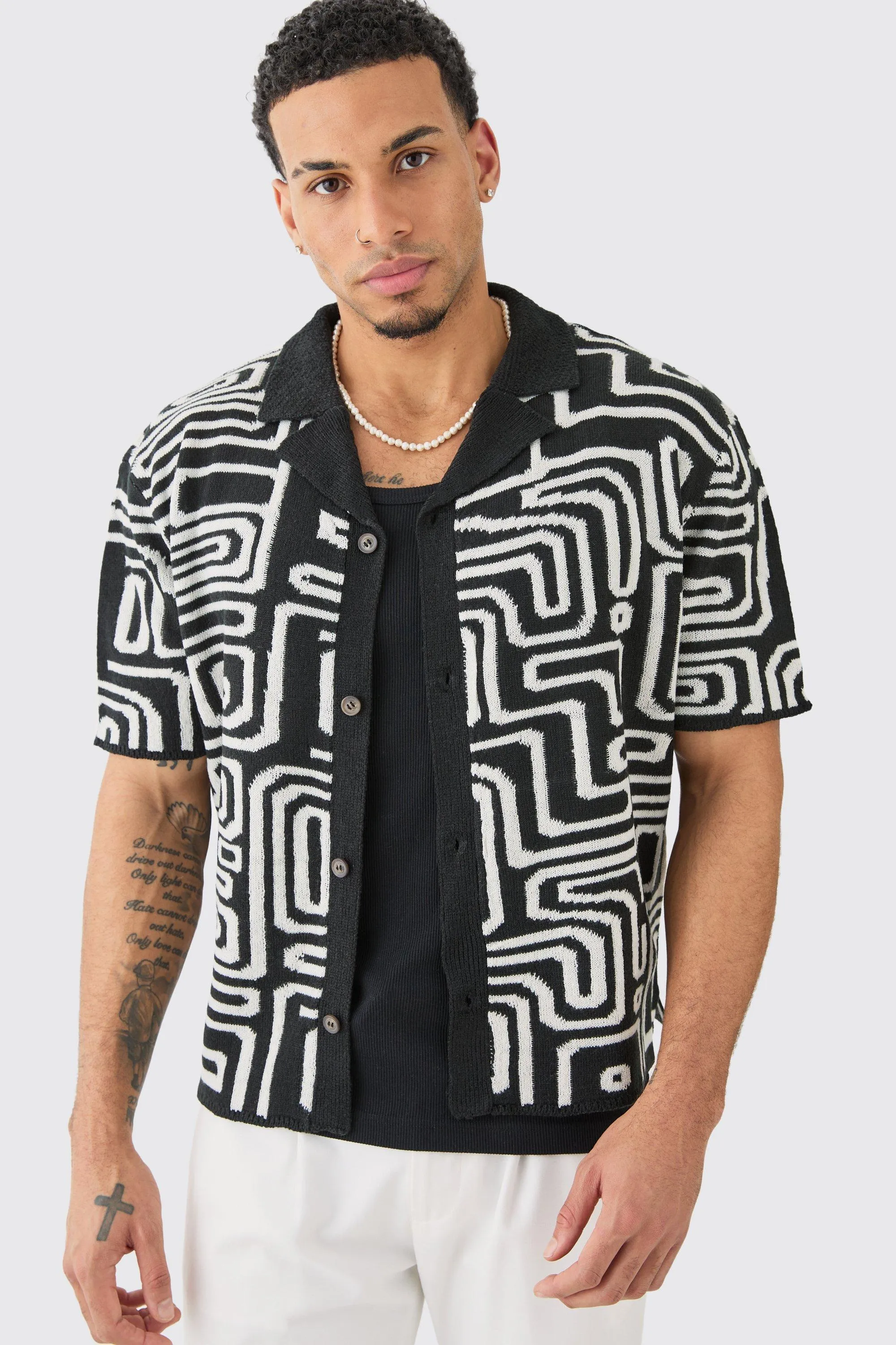 Boxy Open Stitch 3d Knitted Shirt | boohooMAN UK