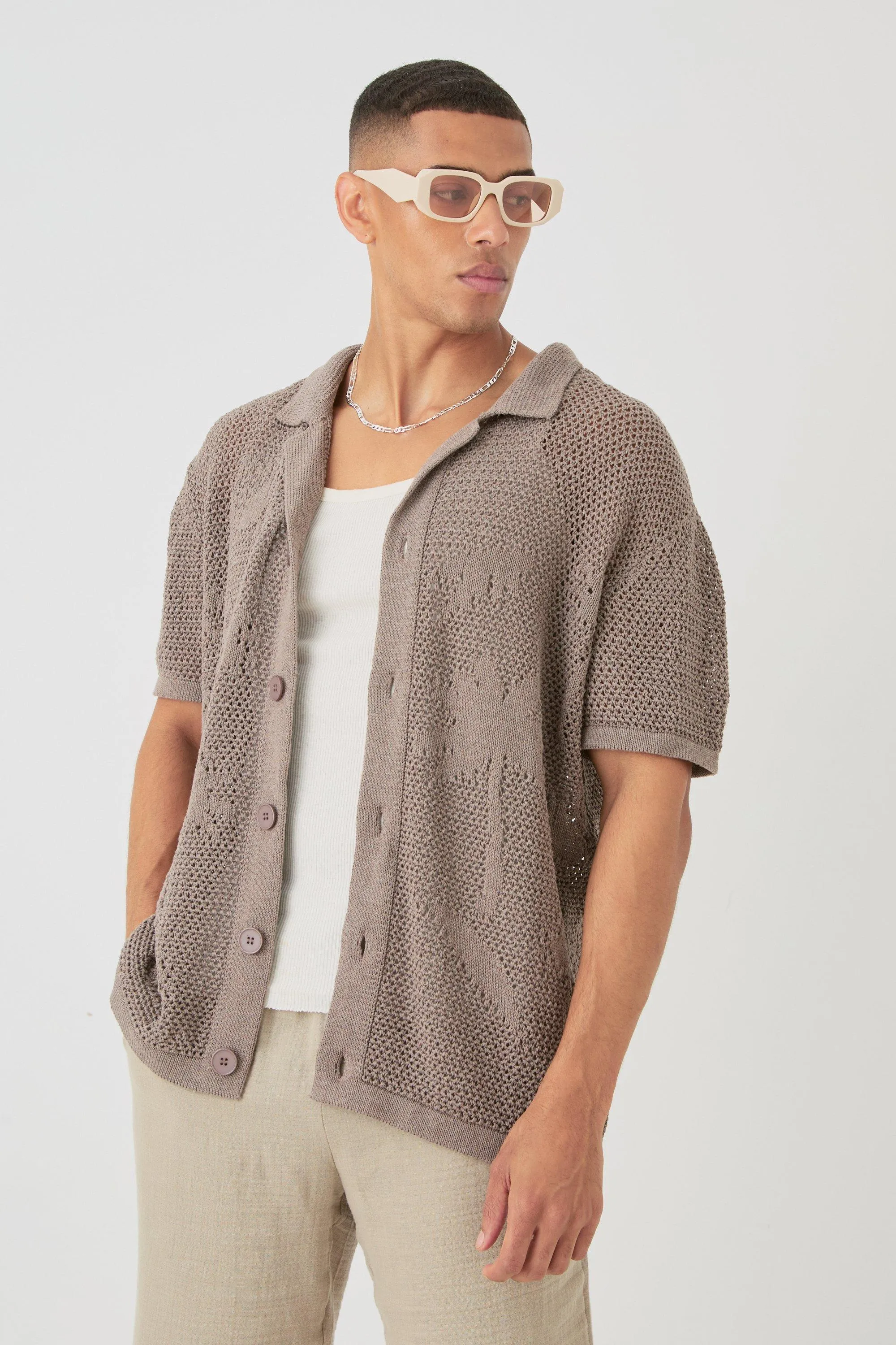 Boxy Oversized Open Stitch Tonal Palm Intarsia Short Sleeve Knit Shirt | boohooMAN UK