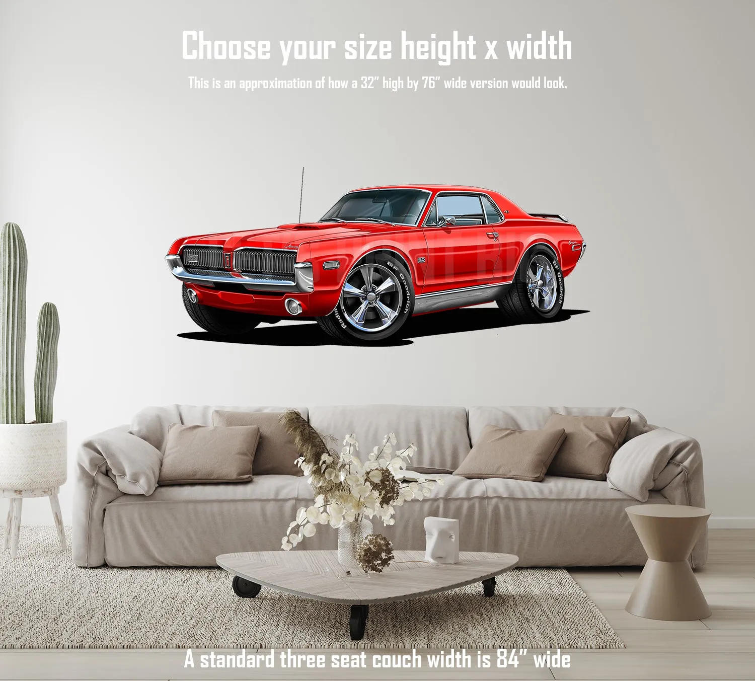 Car Art 1967 Red Mercury Cougar Hot Rod Cartoon Wall Decal