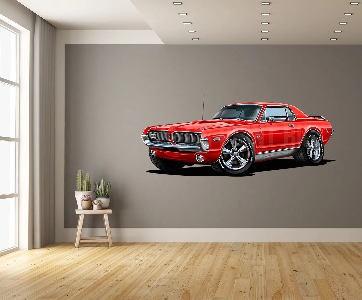 Car Art 1967 Red Mercury Cougar Hot Rod Cartoon Wall Decal