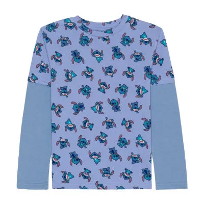 Disney Collection Little & Big Boys Crew Neck Long Sleeve Stitch Graphic T-Shirt