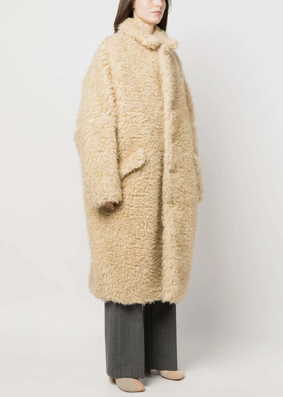 Faux-Fur Single-Breasted Coat - Beige