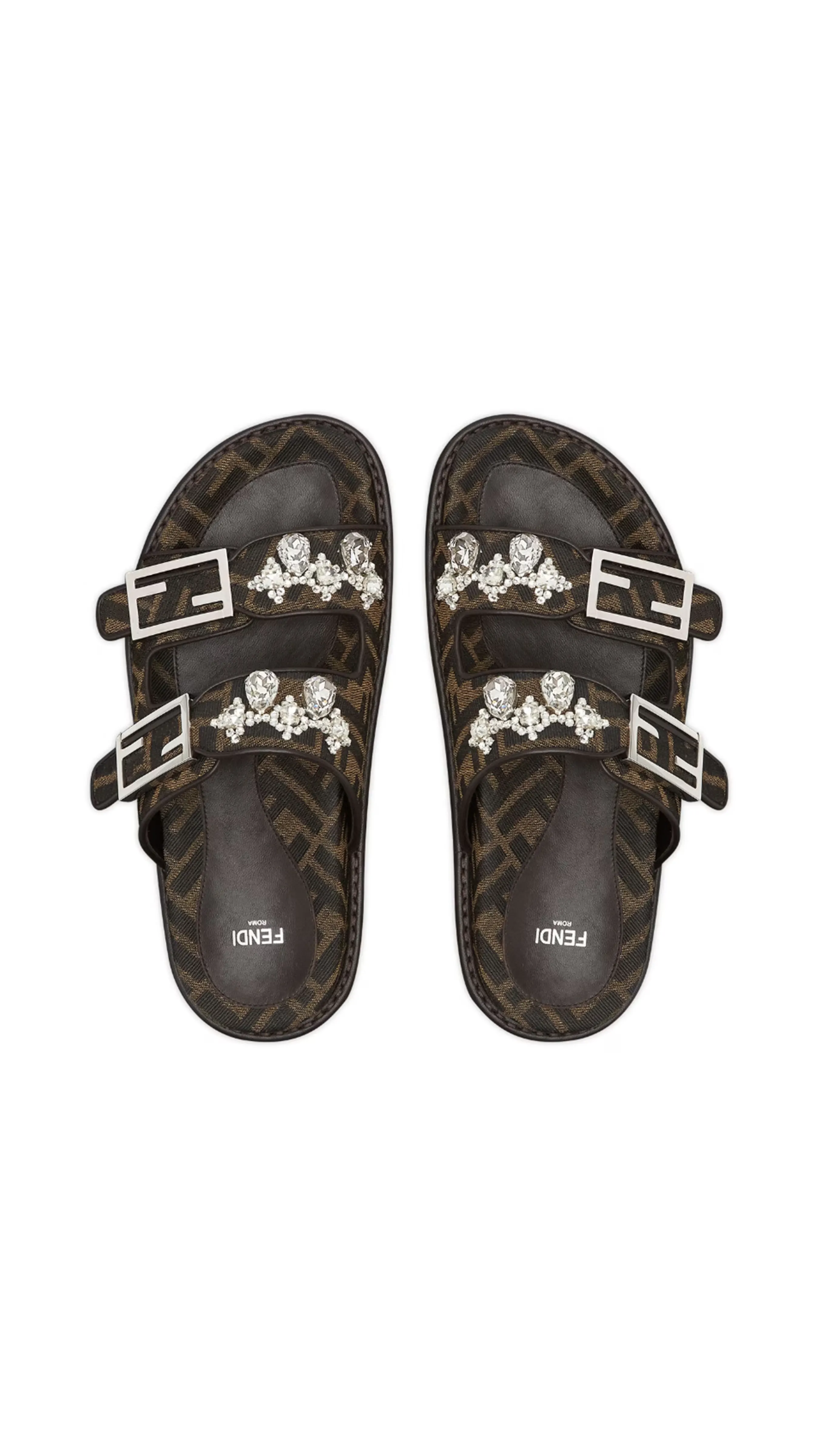 Fendi Feel Slide  Sandal with Rhinestones - Brown/Black