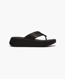 FitFlop F-mode Folded-Leather Flatfrom Toe-Post Sandals Black