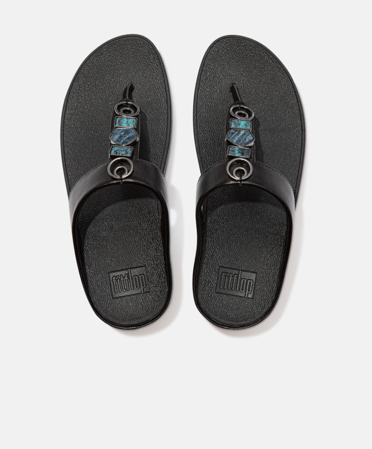 FitFlop Fino Stone Trim Toe Post All Black Sandals