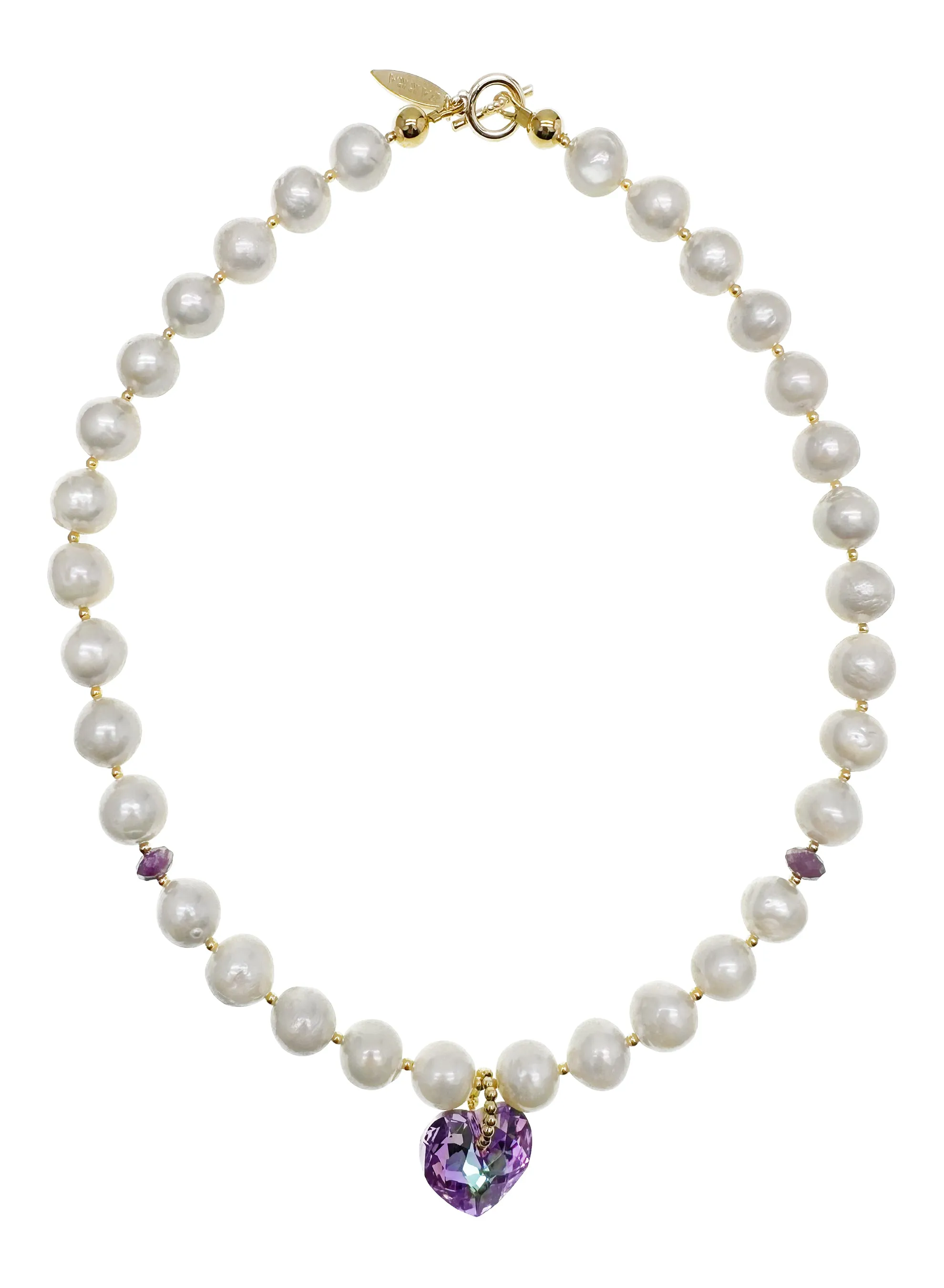 Freshwater Pearls With Swarovski Heart Charm Short Necklace KN045