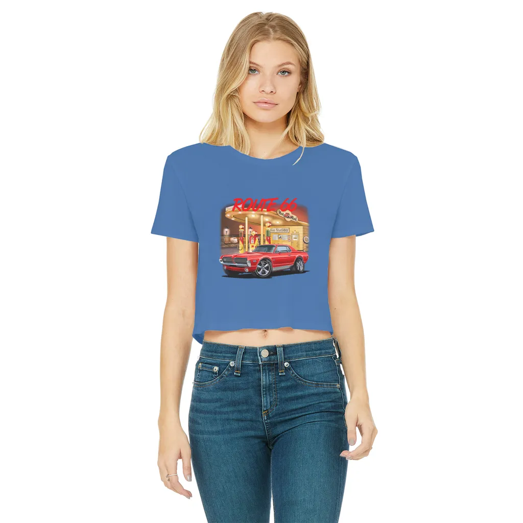 Gas Station Mercury Cougar Classic Women's Cropped Raw Edge T-Shirt