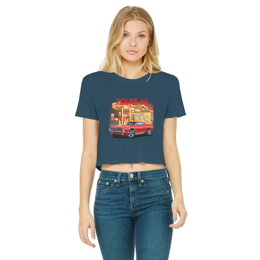 Gas Station Mercury Cougar Classic Women's Cropped Raw Edge T-Shirt