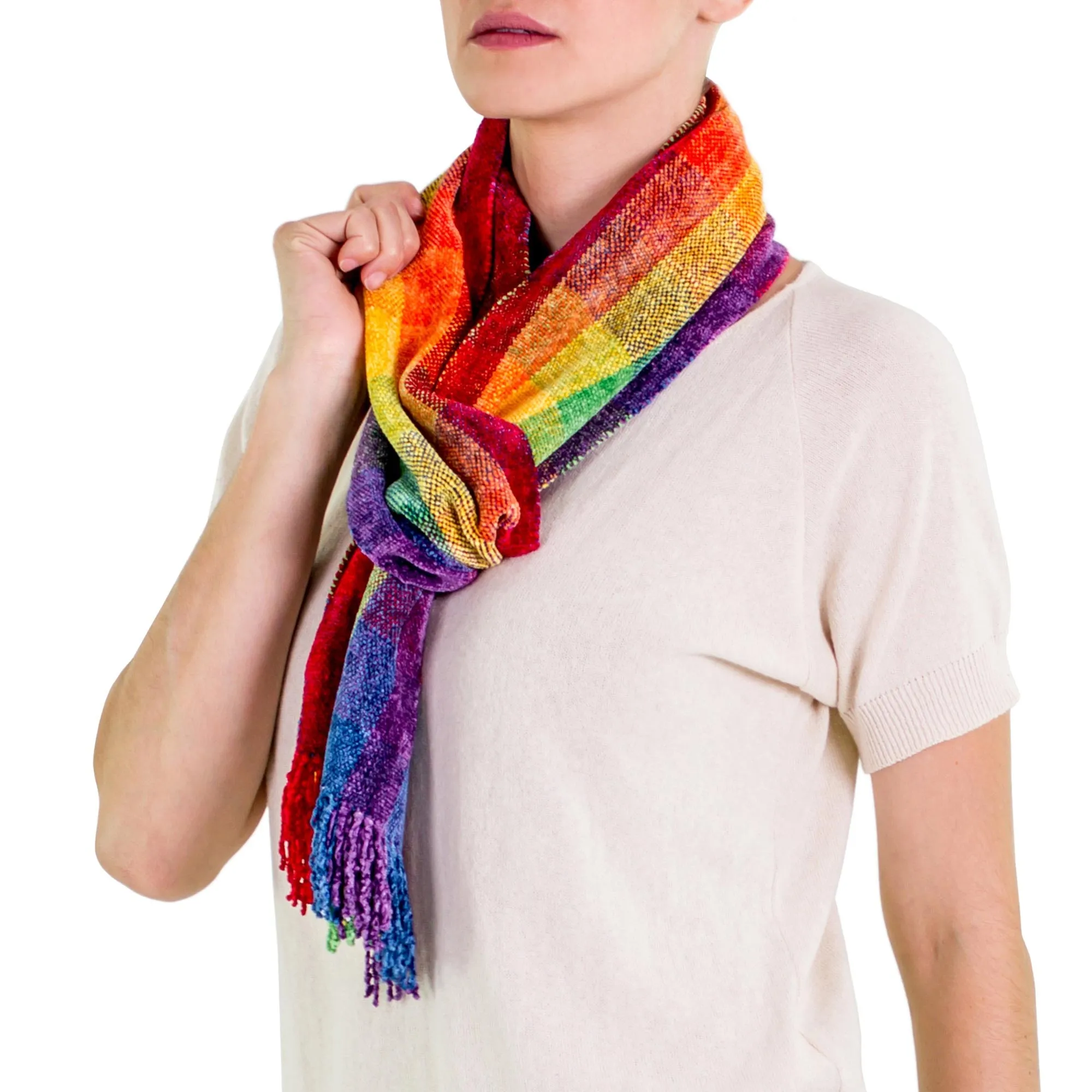 Gift of the Rainbow Guatemalan Rainbow Colored Rayon Chenille Scarf