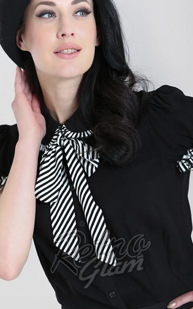 Hell Bunny Leslie Blouse in Black with B & W Stripe Trim