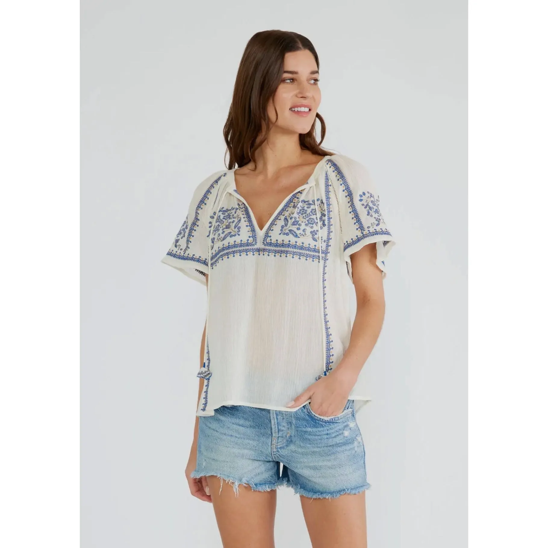 Janienne Embroidered Raglan Short Sleeve Split Neck Lovestitch Top