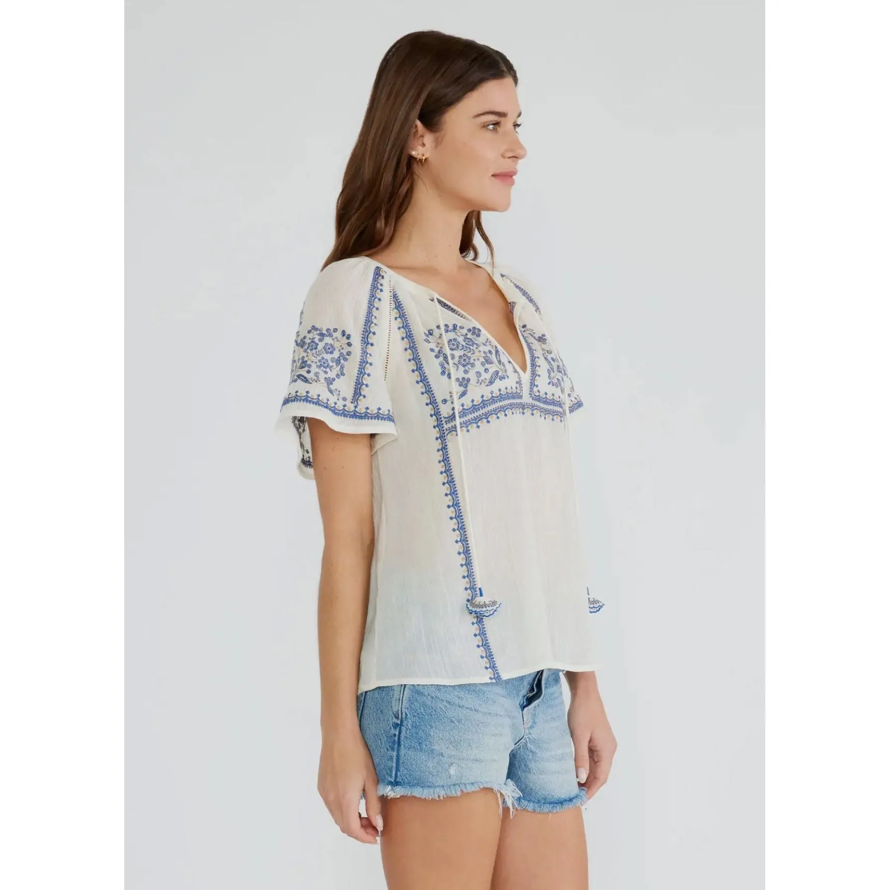 Janienne Embroidered Raglan Short Sleeve Split Neck Lovestitch Top