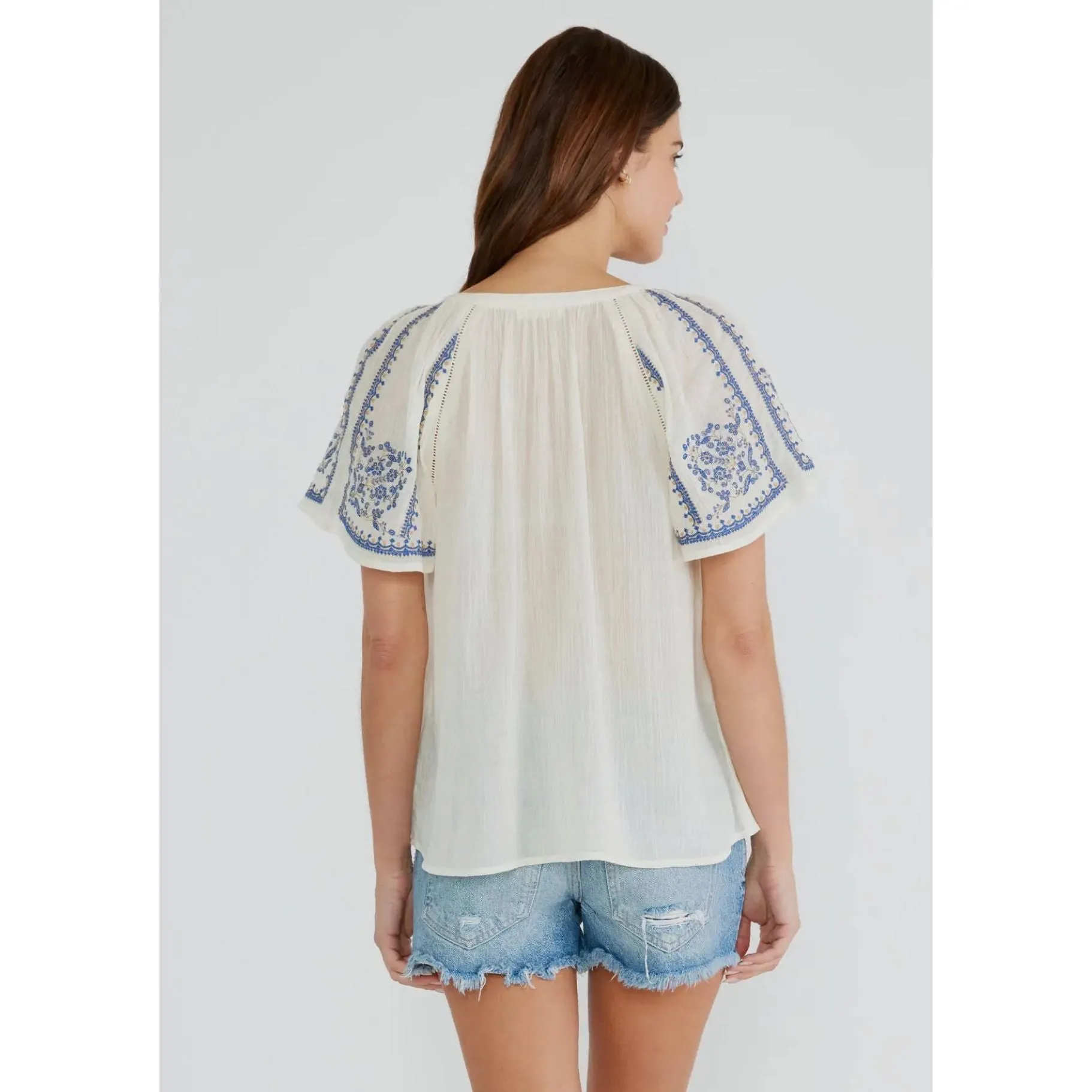 Janienne Embroidered Raglan Short Sleeve Split Neck Lovestitch Top