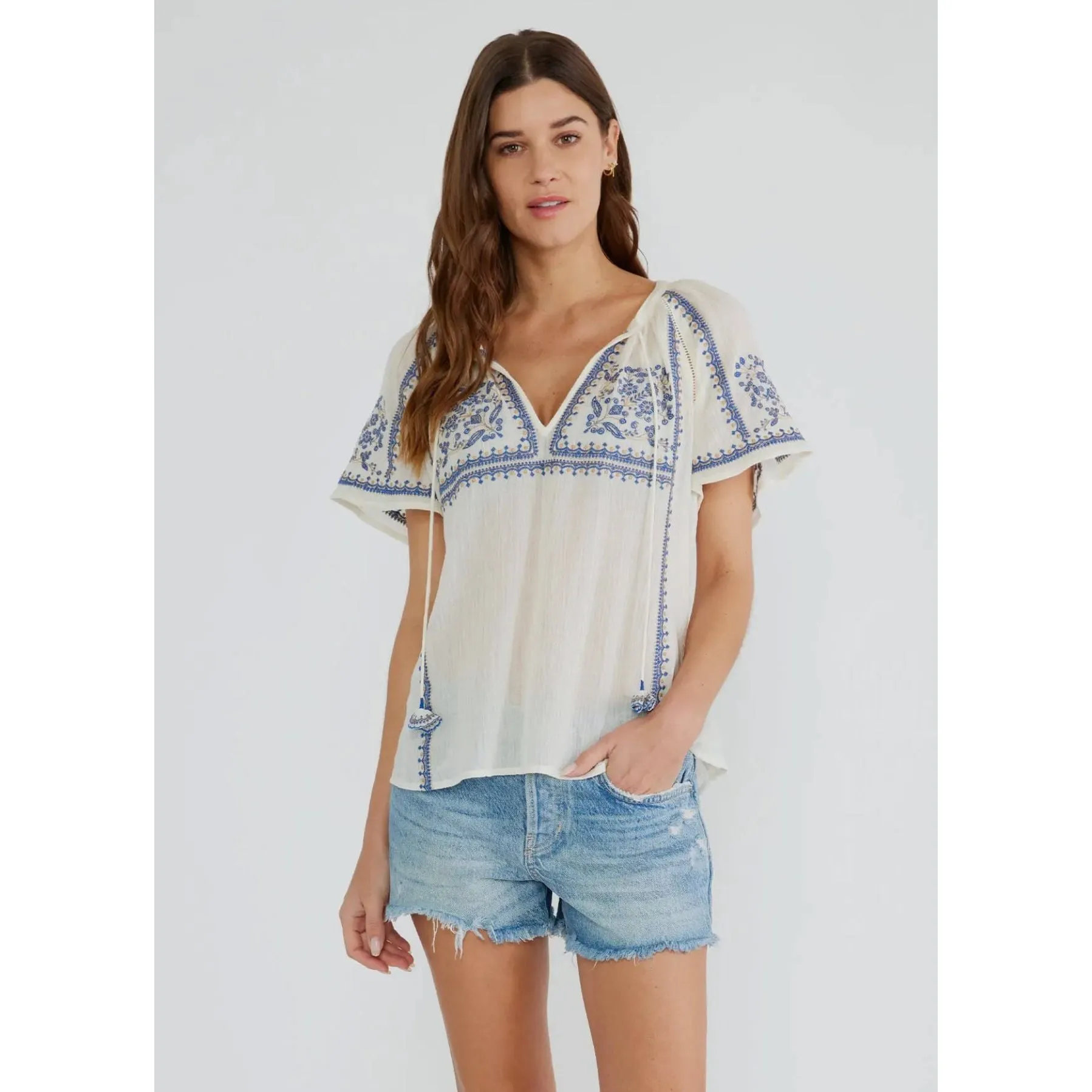 Janienne Embroidered Raglan Short Sleeve Split Neck Lovestitch Top