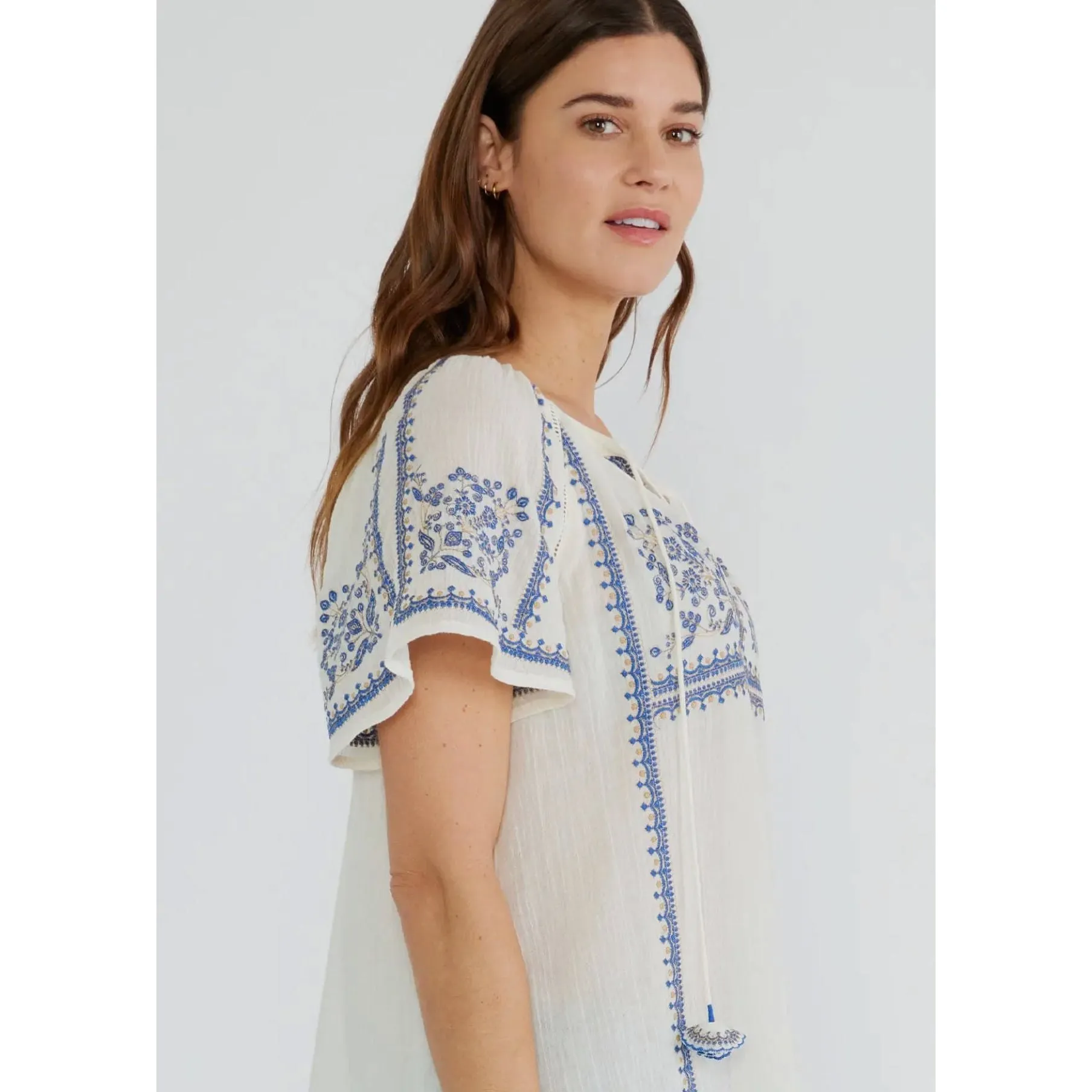 Janienne Embroidered Raglan Short Sleeve Split Neck Lovestitch Top