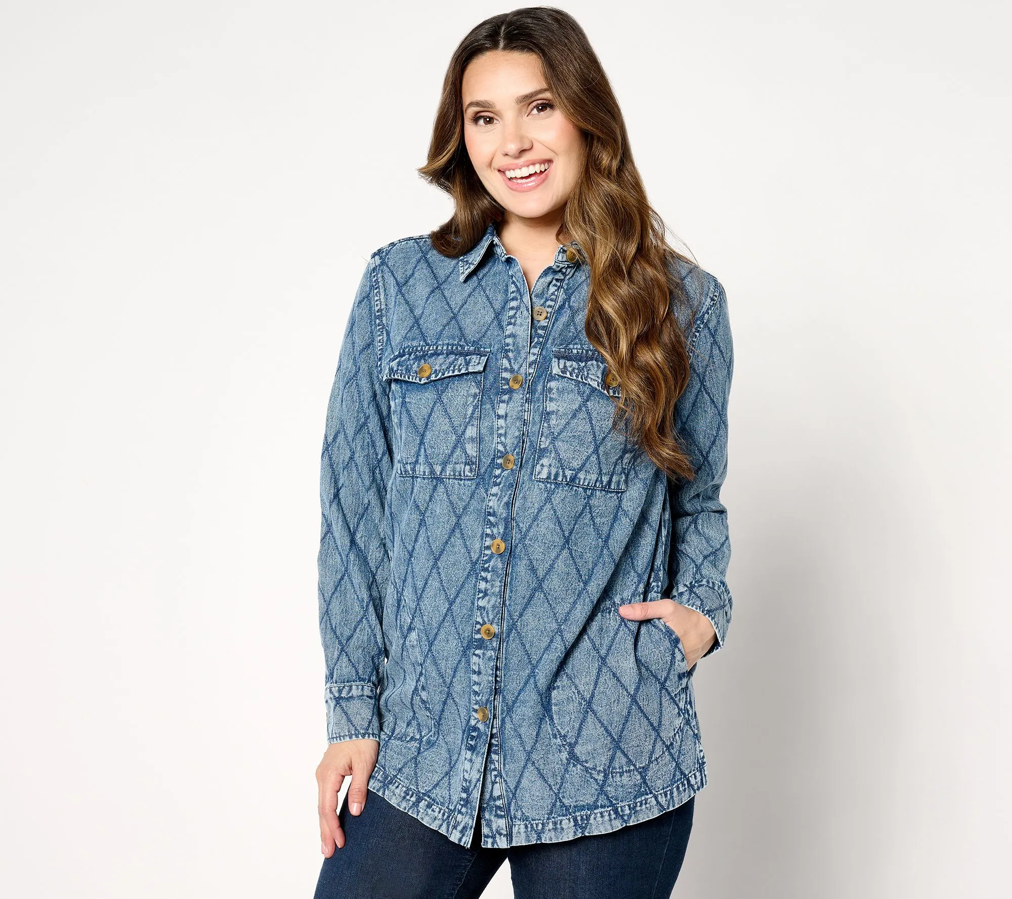 Joan Rivers Cotton Denim Boyfriend Shirt with Diamond Stitch Detail