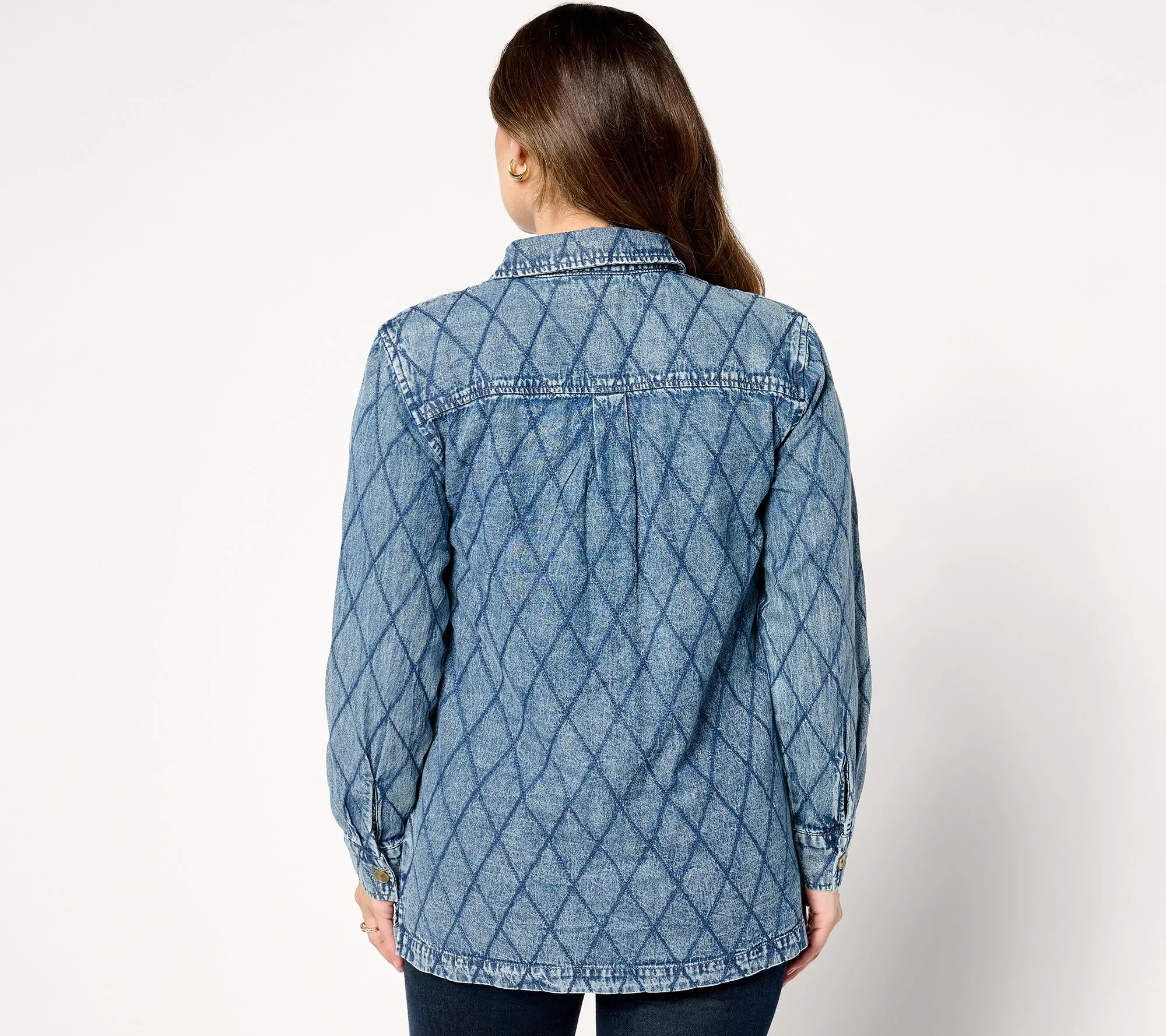 Joan Rivers Cotton Denim Boyfriend Shirt with Diamond Stitch Detail