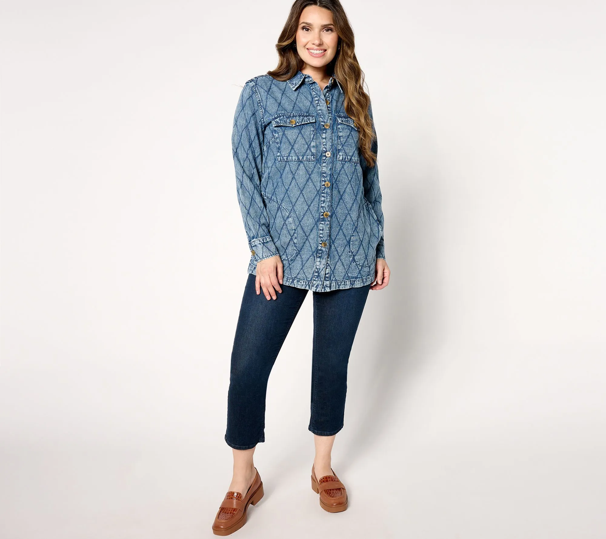 Joan Rivers Cotton Denim Boyfriend Shirt with Diamond Stitch Detail