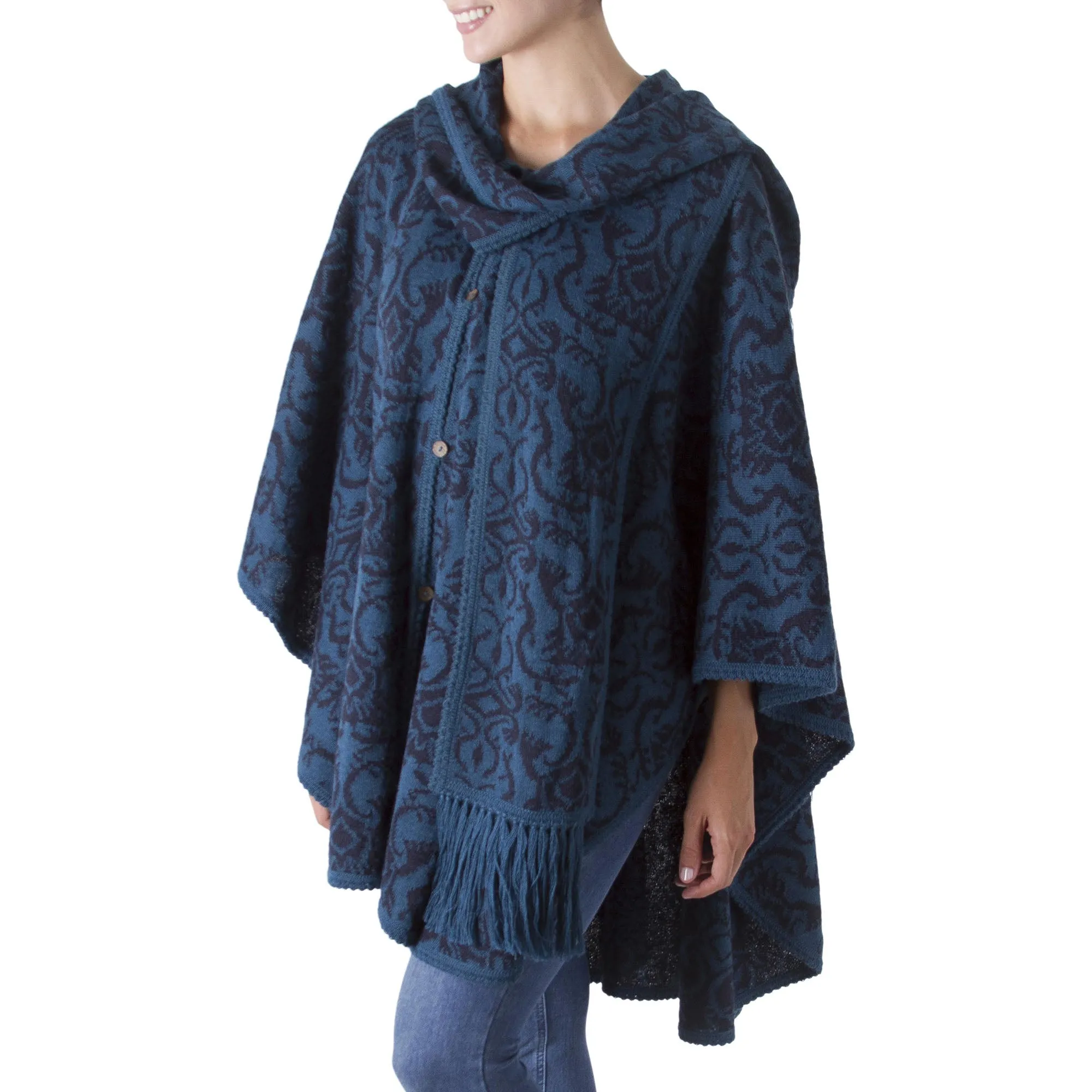 Lima Flora Blue Alpaca Blend Ruana Cloak