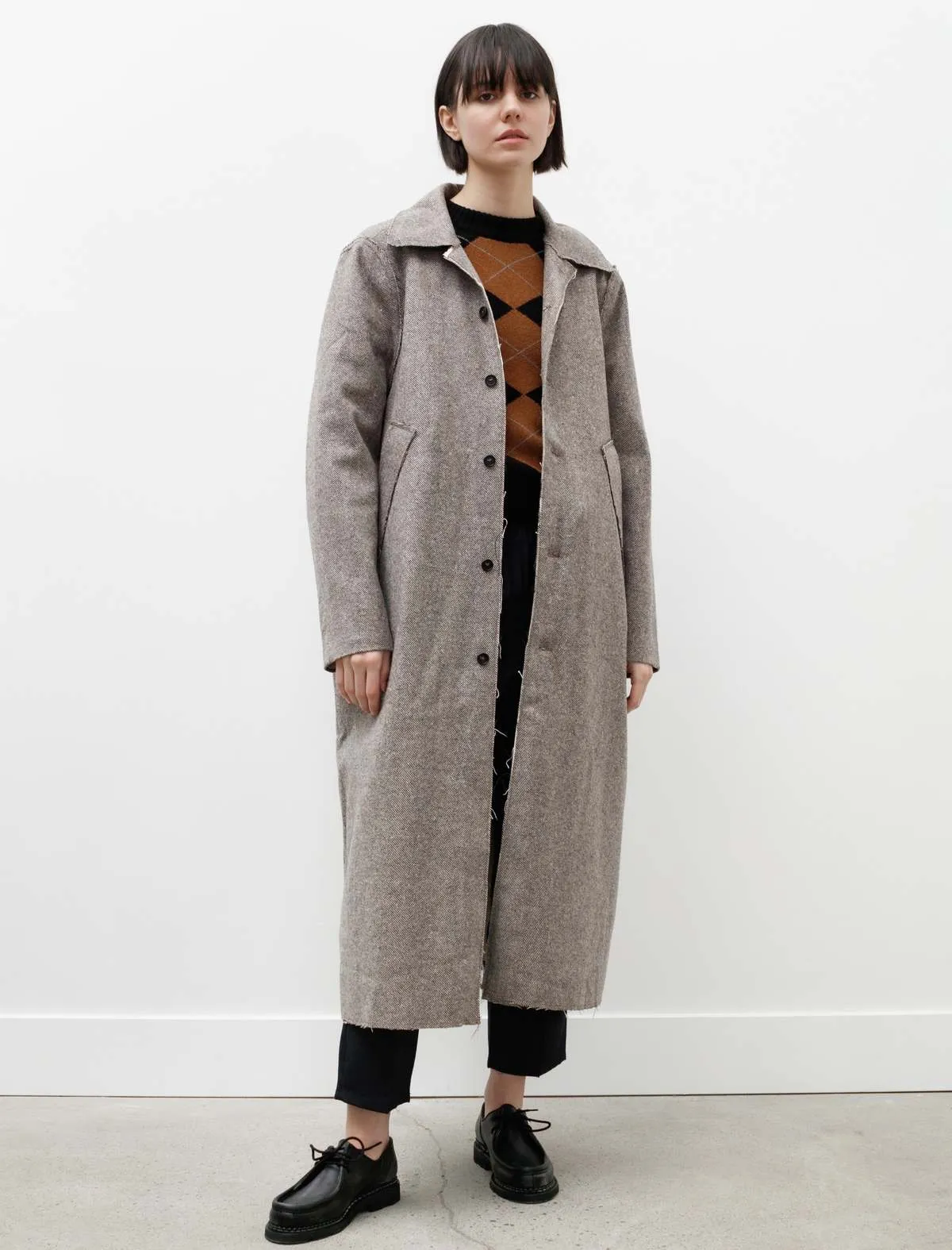 Long Gap Wool Herringbone Brown Coat - Grey