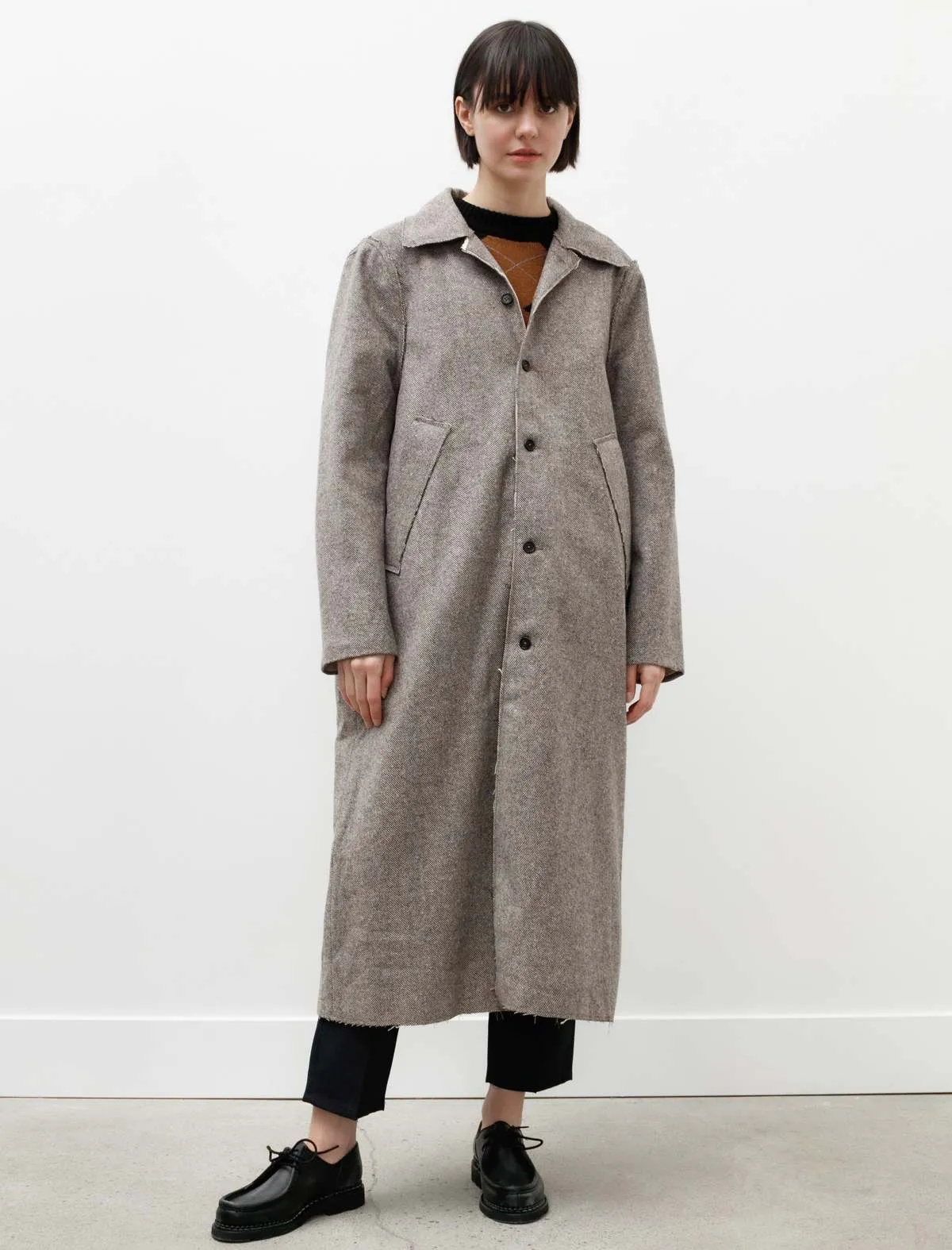 Long Gap Wool Herringbone Brown Coat - Grey