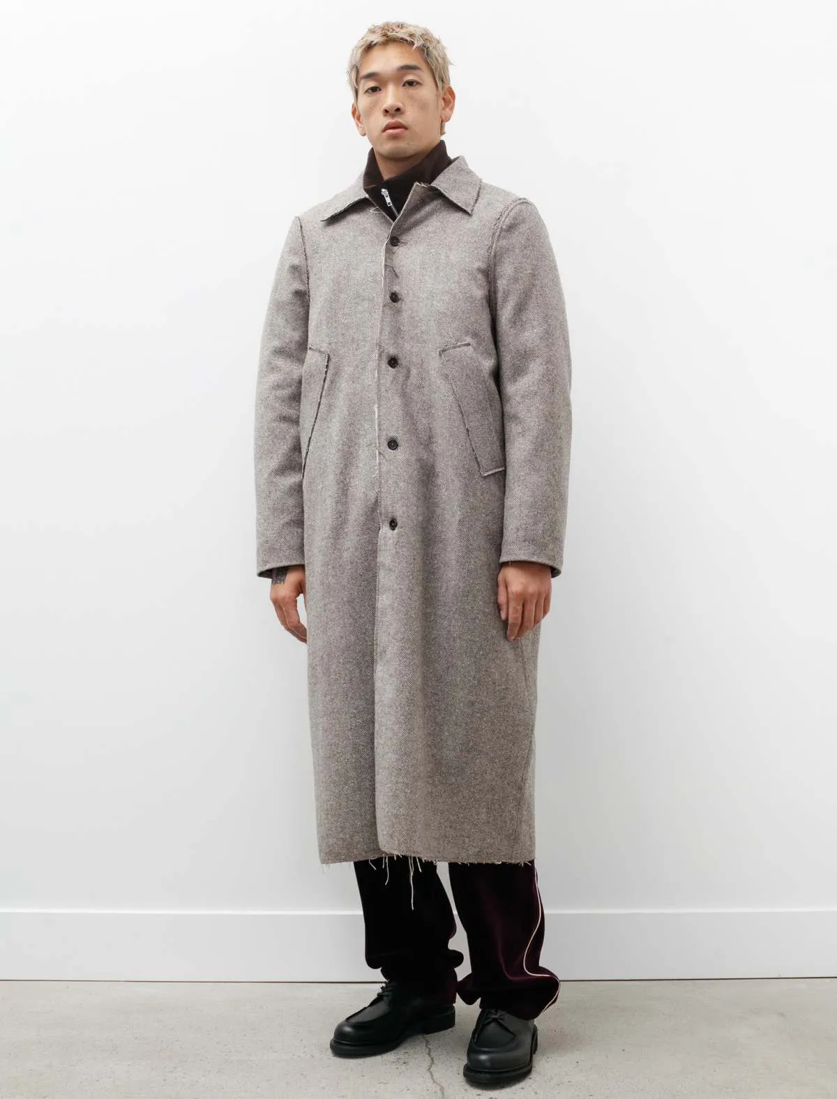 Long Gap Wool Herringbone Brown Coat - Grey