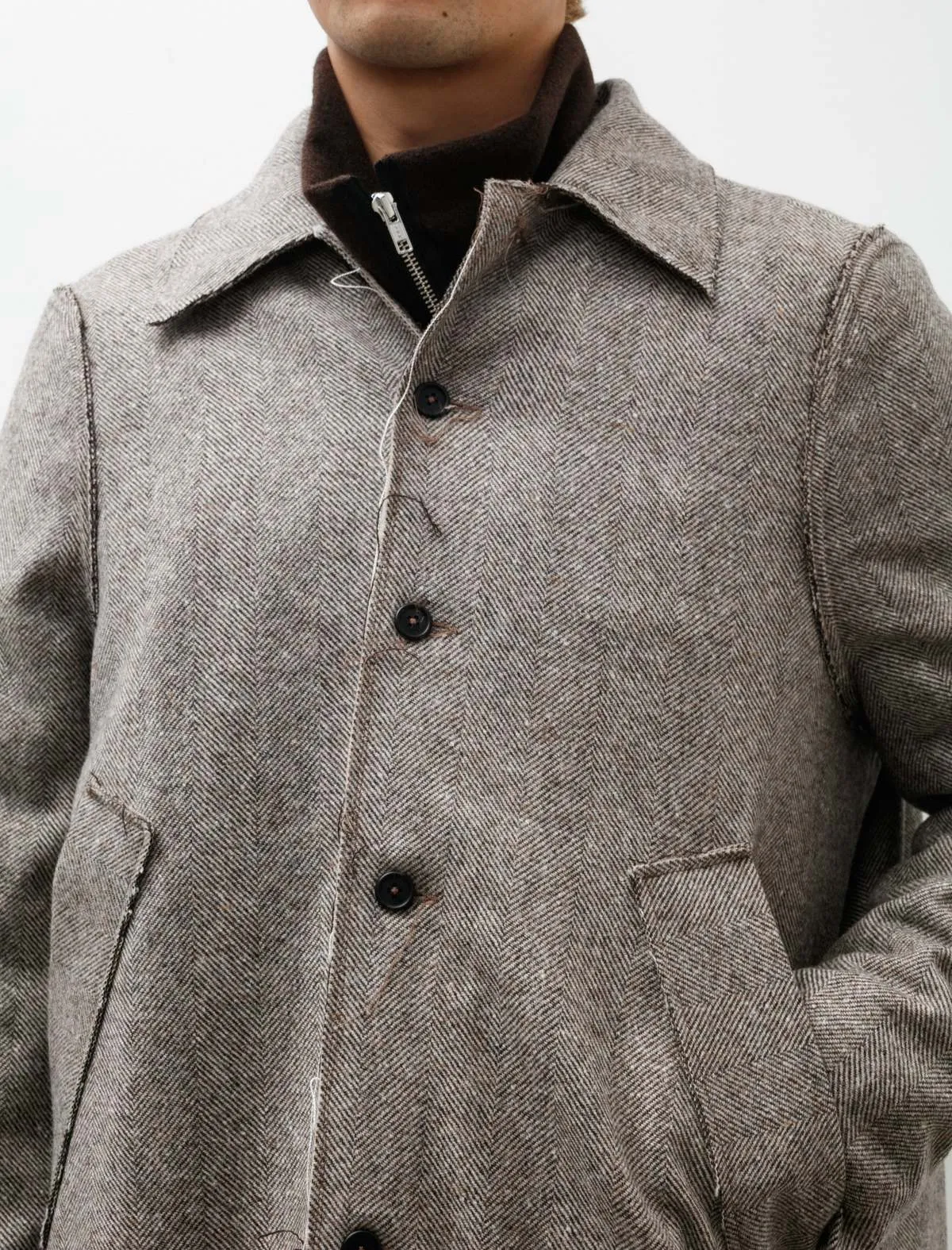 Long Gap Wool Herringbone Brown Coat - Grey