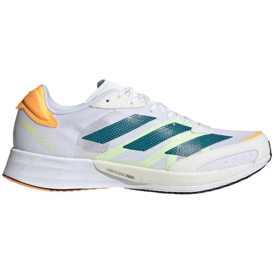 Men's Adidas Adizero Adios 6, Cloud White/Real Teal/Flash Orange, 8.5 D Medium