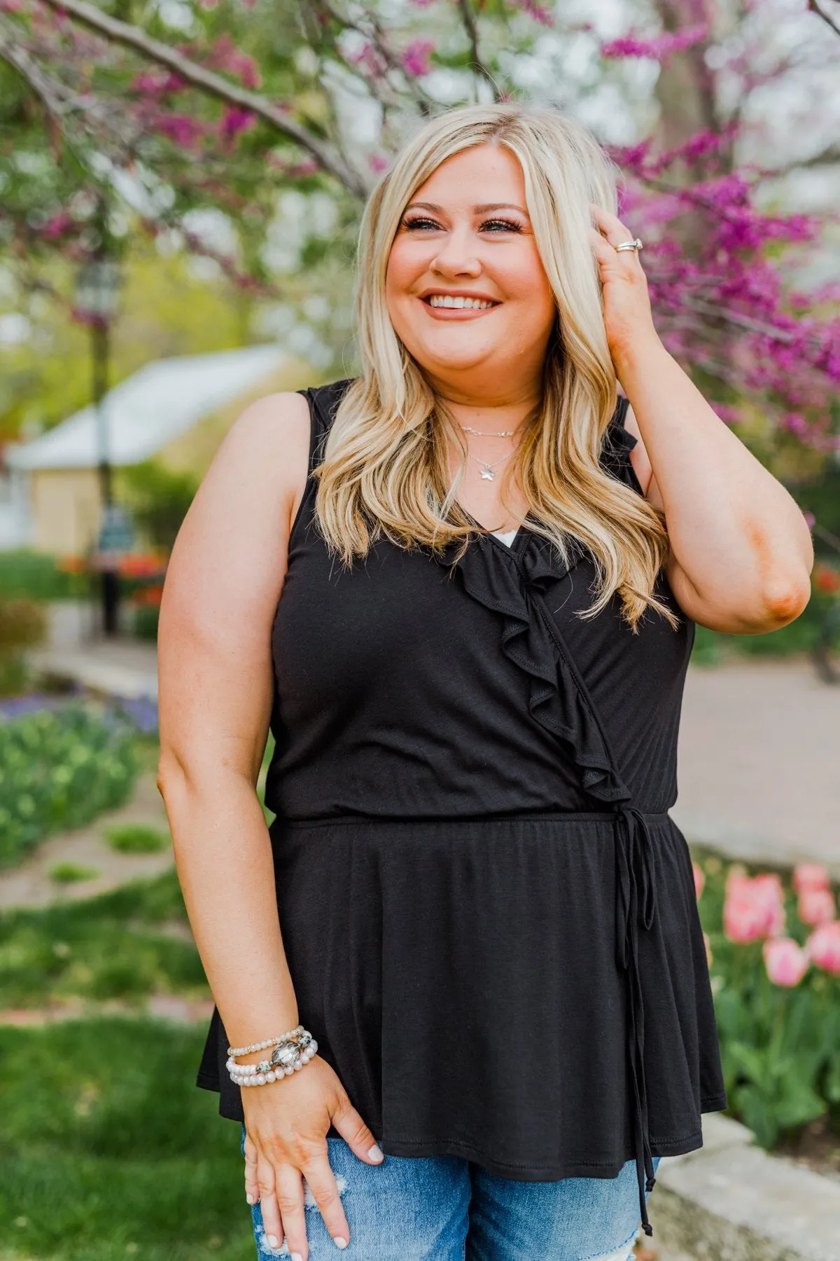 Ocean Views Ruffled Sleeveless Blouse- Black