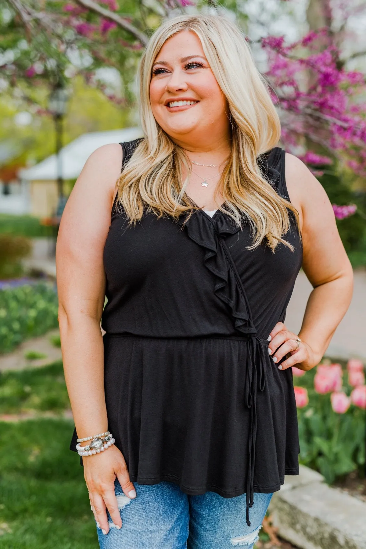 Ocean Views Ruffled Sleeveless Blouse- Black