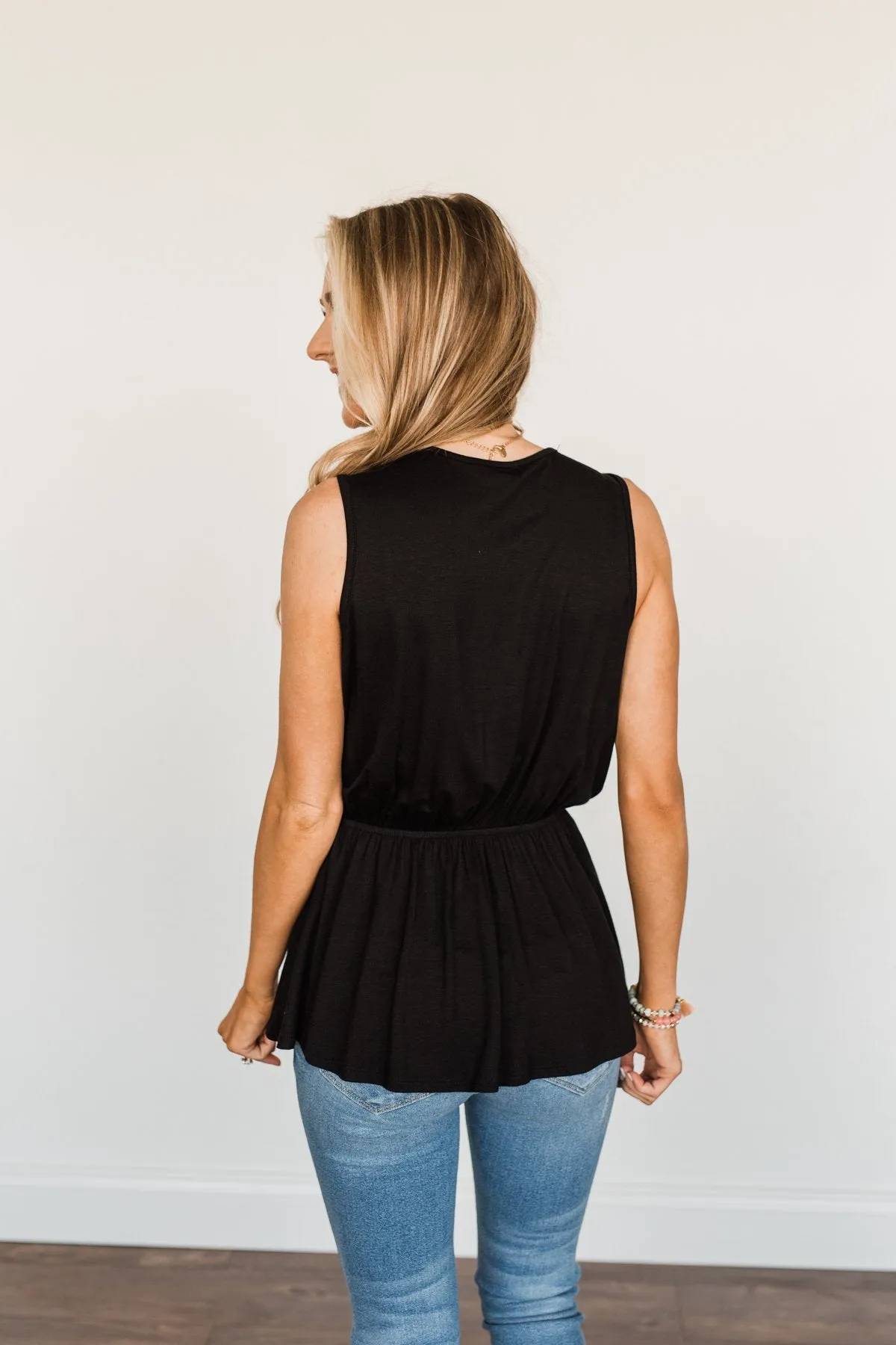 Ocean Views Ruffled Sleeveless Blouse- Black