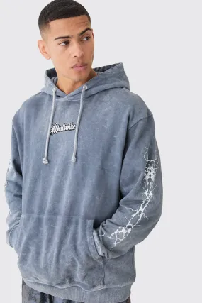 Oversized Acid Wash Embroidered Wing Graphic Hoodie | boohooMAN UK