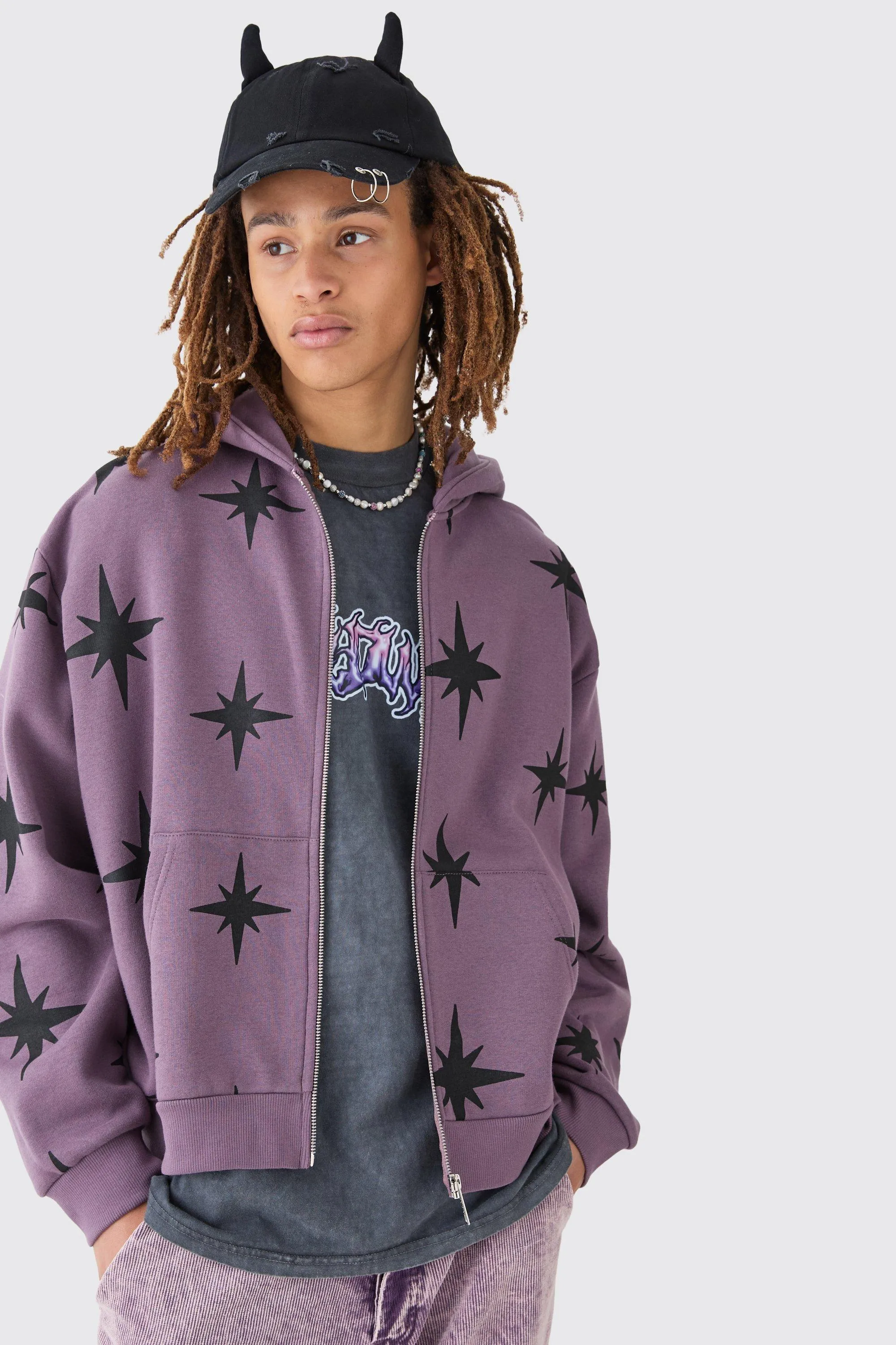 Oversized Boxy Gothic All Over Print Zip Thru Hoodie | boohooMAN UK