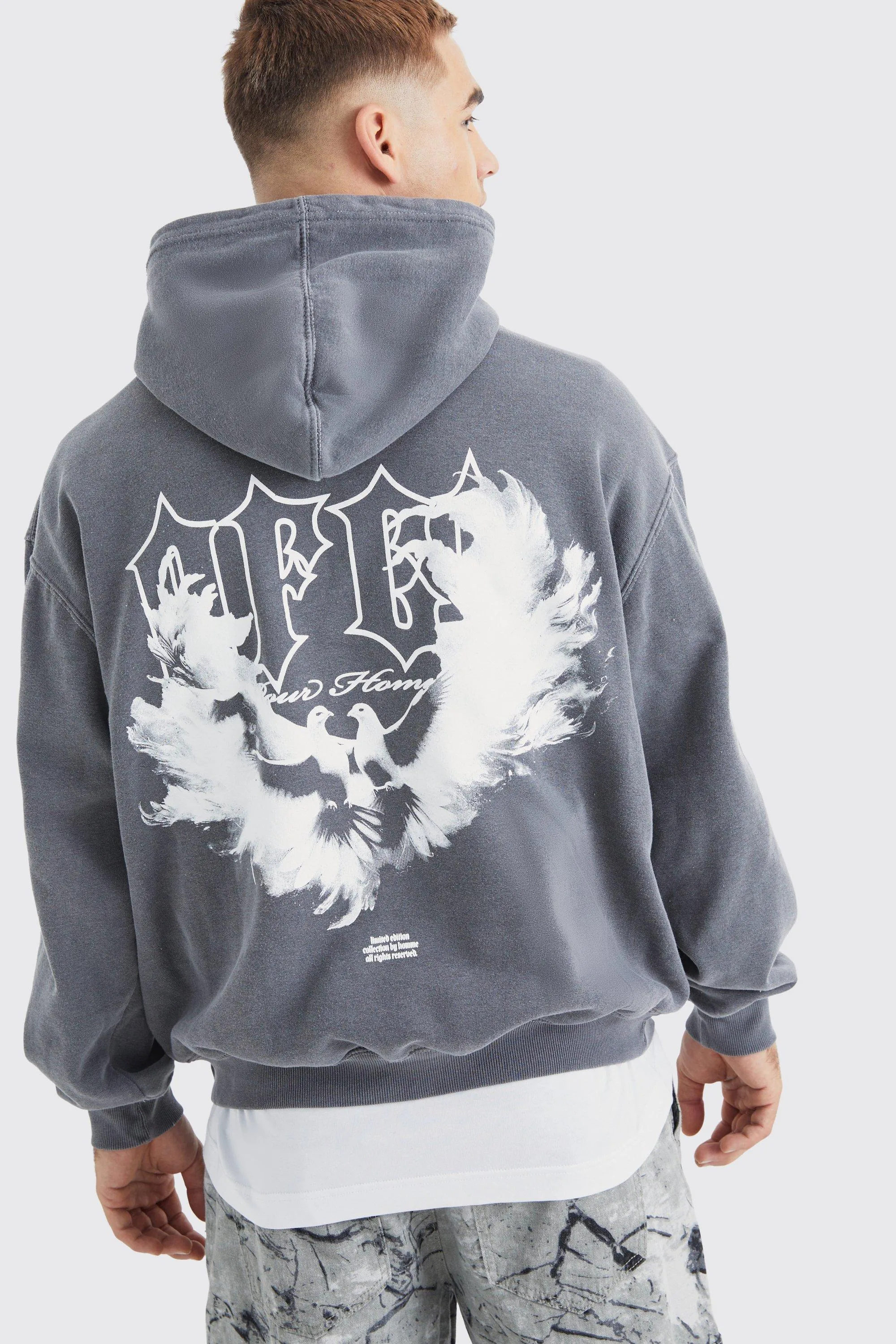 Oversized Boxy Overdye Wing Graphic Hoodie | boohooMAN UK