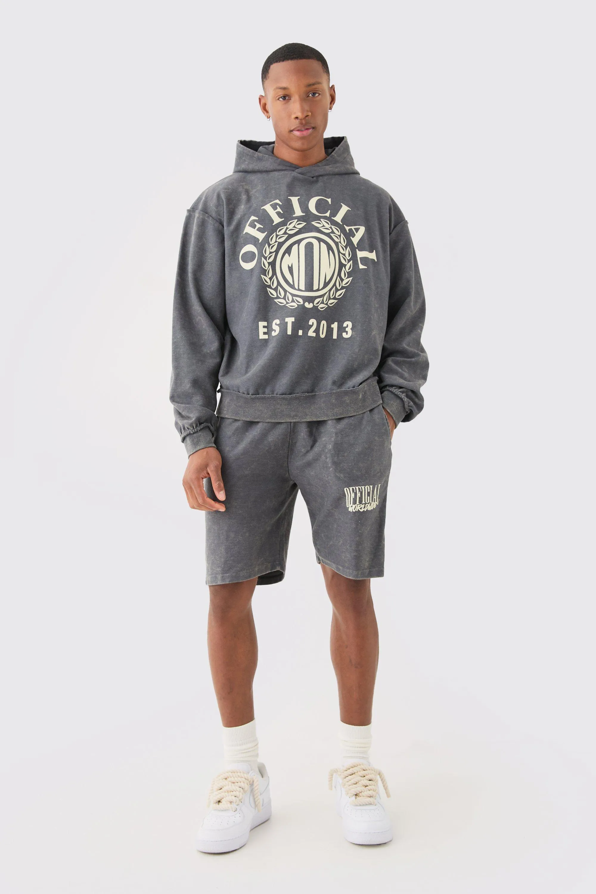 Oversized Boxy Reverse Loopback Printed Hoodie Short Tracksuit | boohooMAN UK