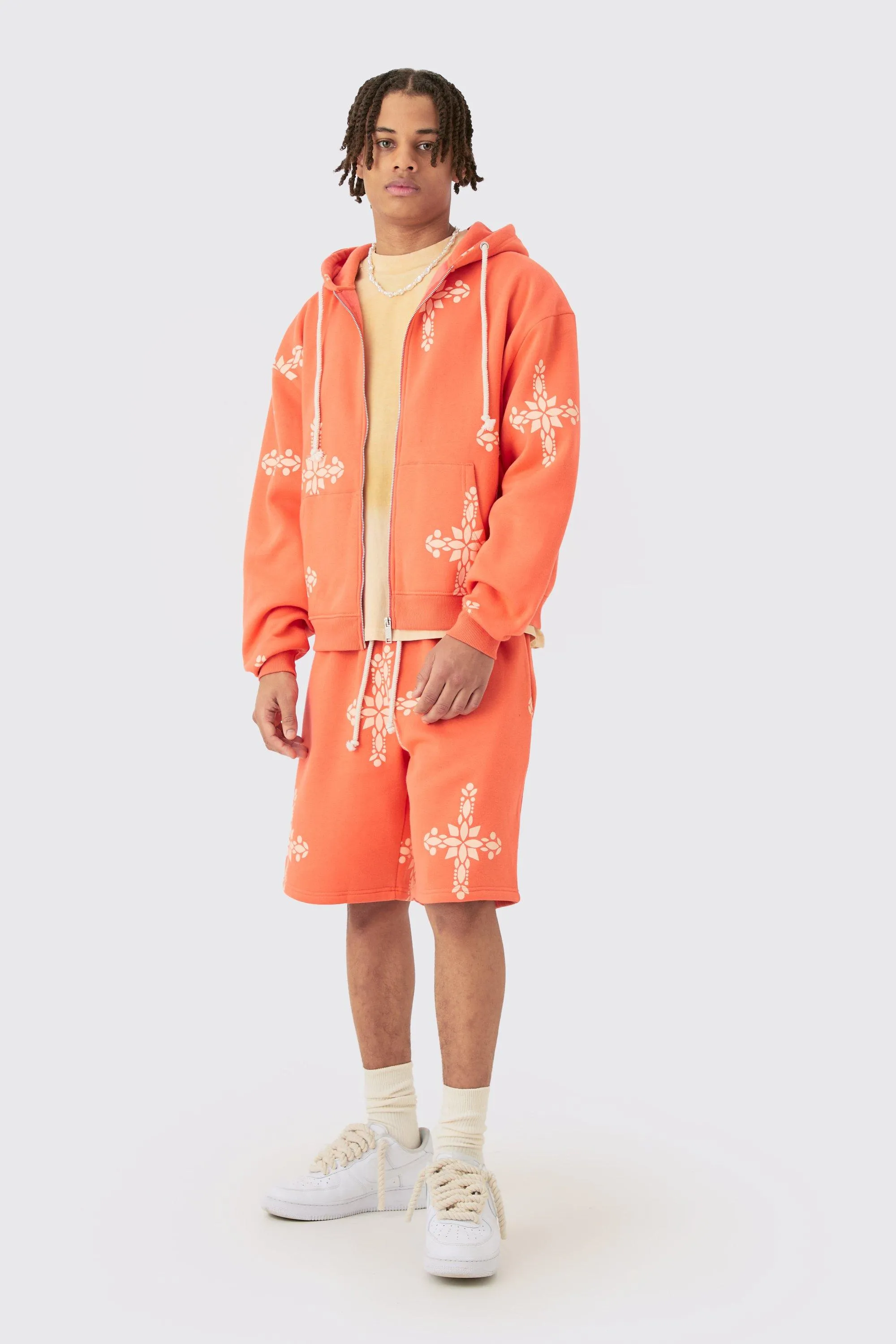 Oversized Boxy Zip Through Cross Printed Hoodie & Shorts | boohooMAN UK