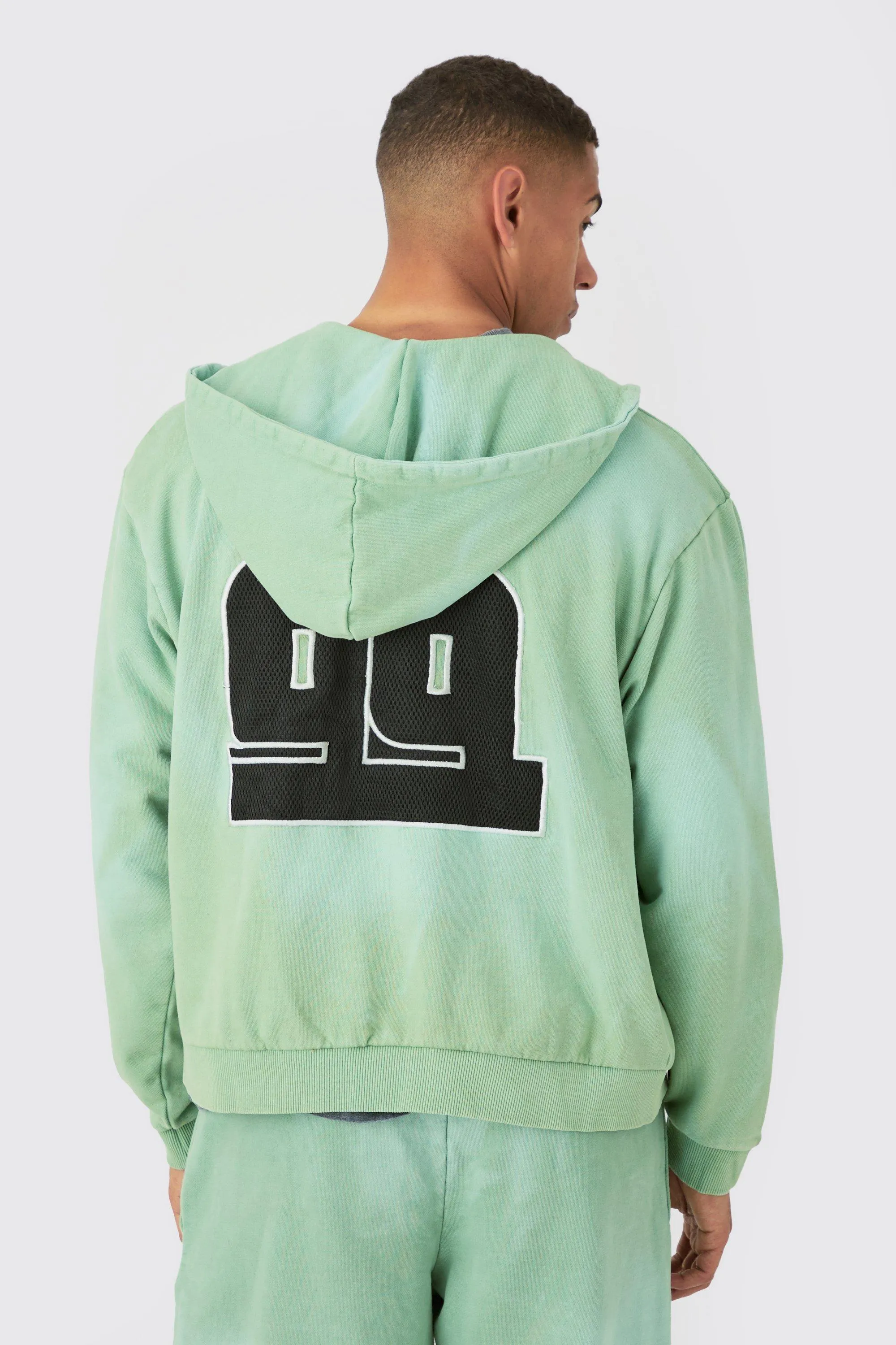 Oversized Boxy Zip Thru Heavy Washed Applique Hoodie | boohooMAN UK