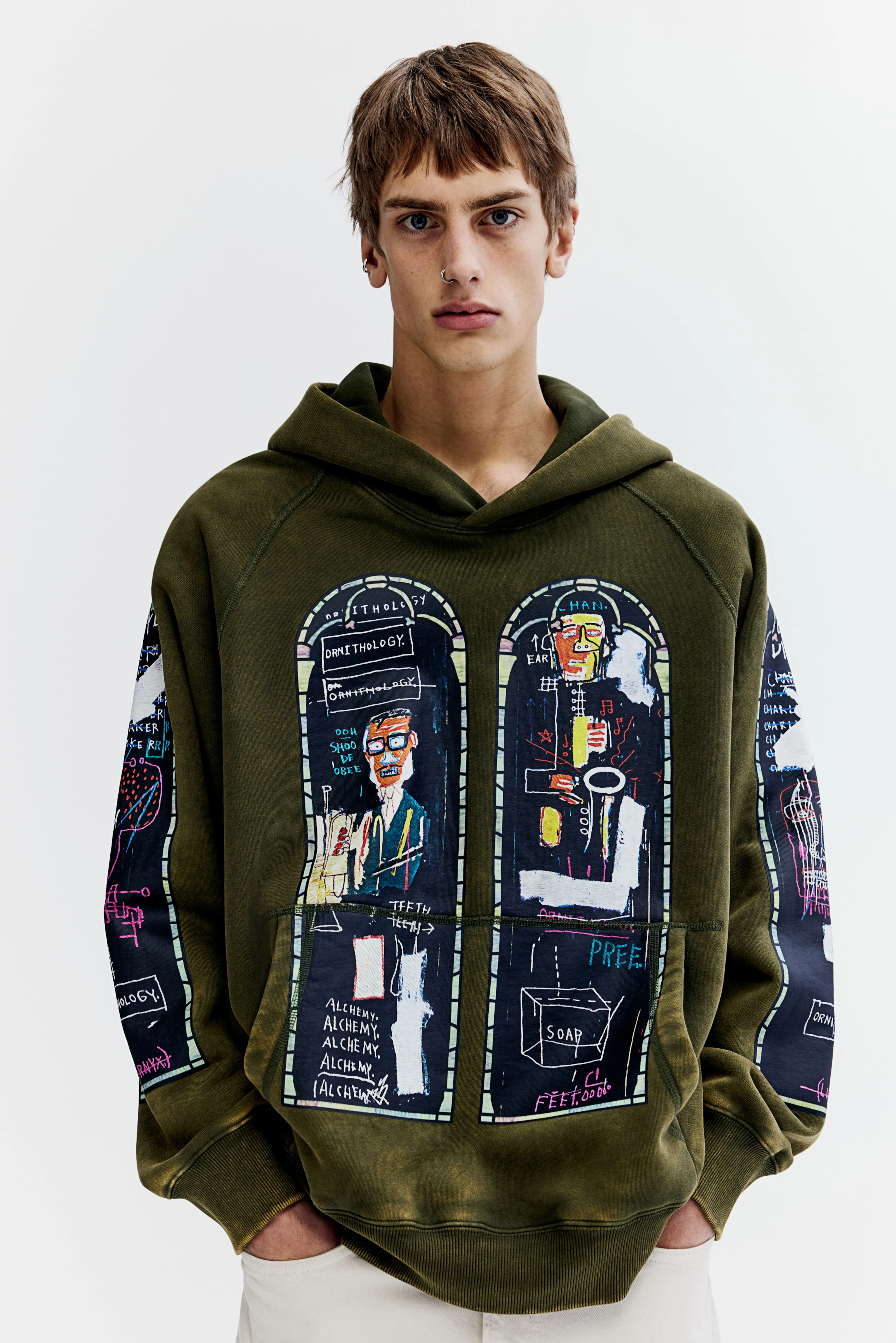 Oversized Fit Cotton hoodie - Long sleeve - Regular length - Khaki green/Basquiat - Men | H&M GB