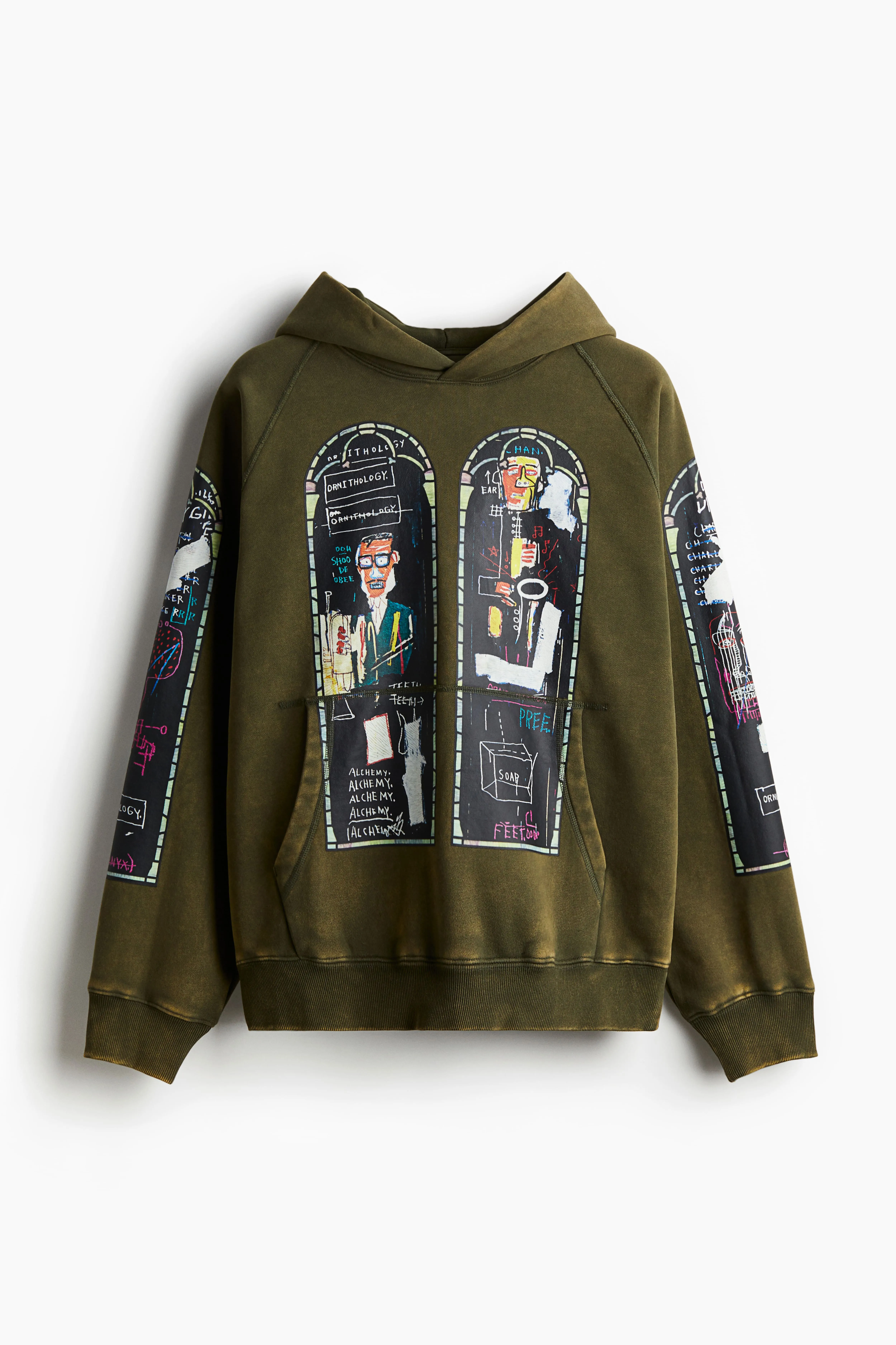 Oversized Fit Cotton hoodie - Long sleeve - Regular length - Khaki green/Basquiat - Men | H&M GB