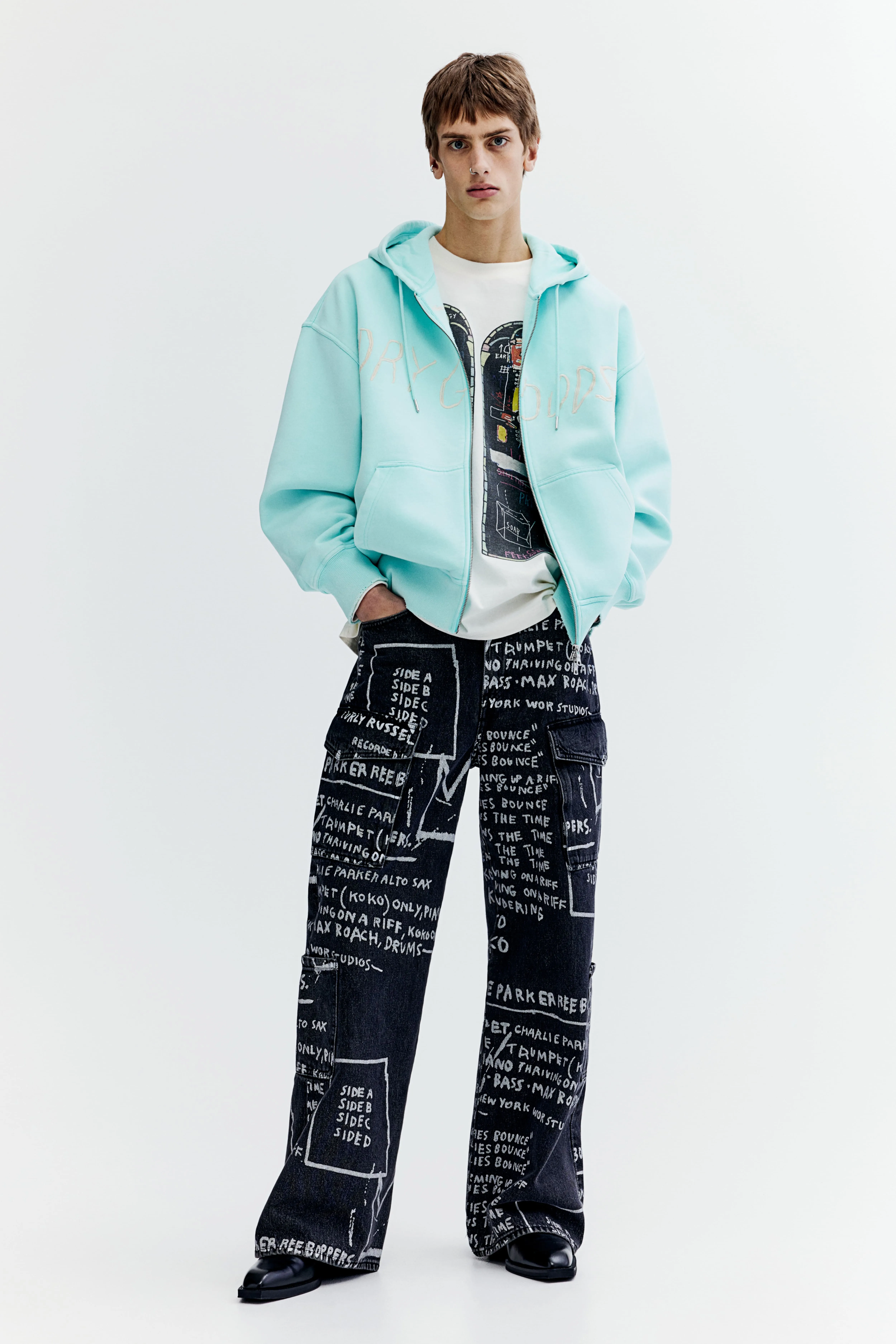 Oversized Fit Cotton zip-through hoodie - Long sleeve - Regular length - Turquoise/Basquiat - Men | H&M GB