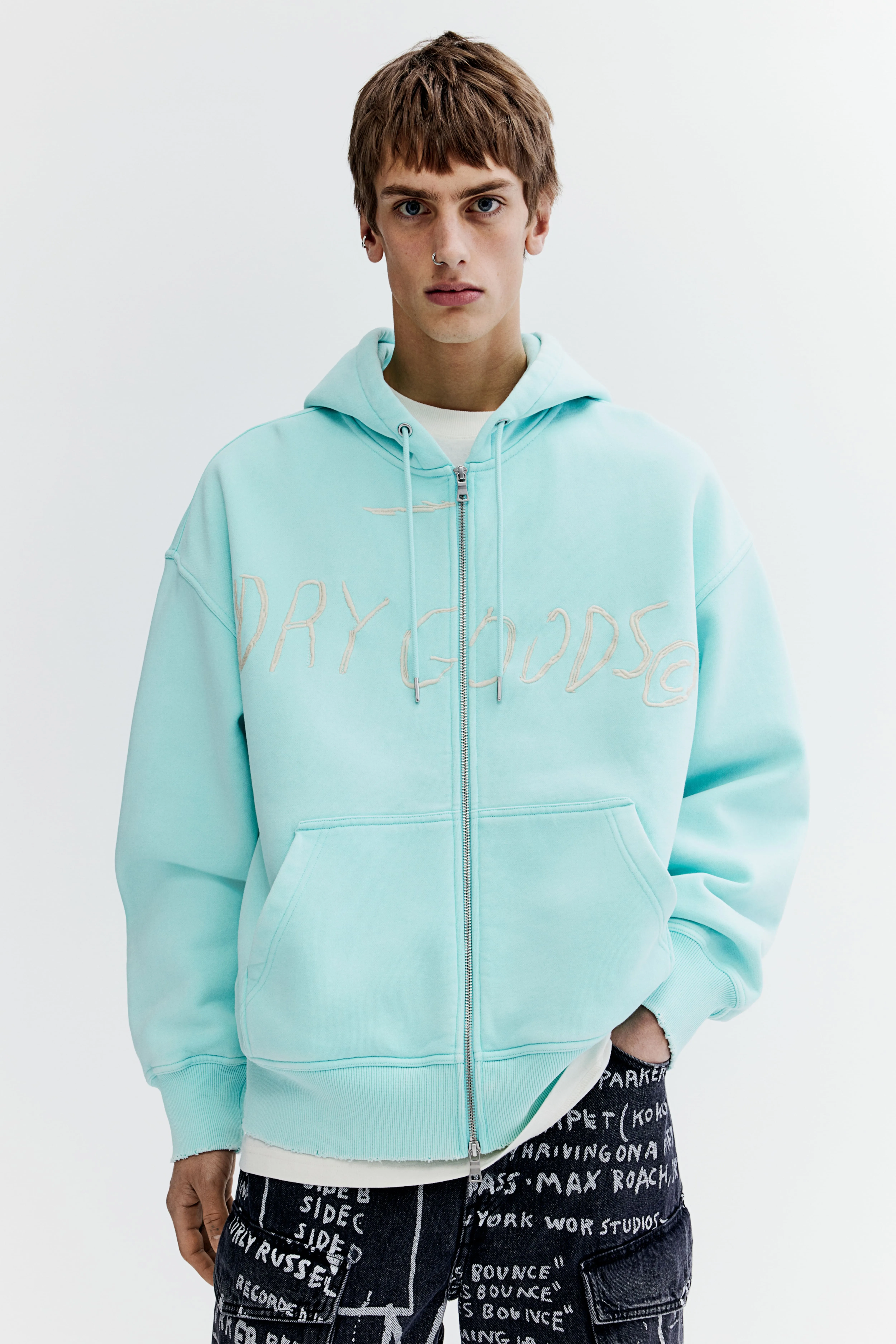 Oversized Fit Cotton zip-through hoodie - Long sleeve - Regular length - Turquoise/Basquiat - Men | H&M GB