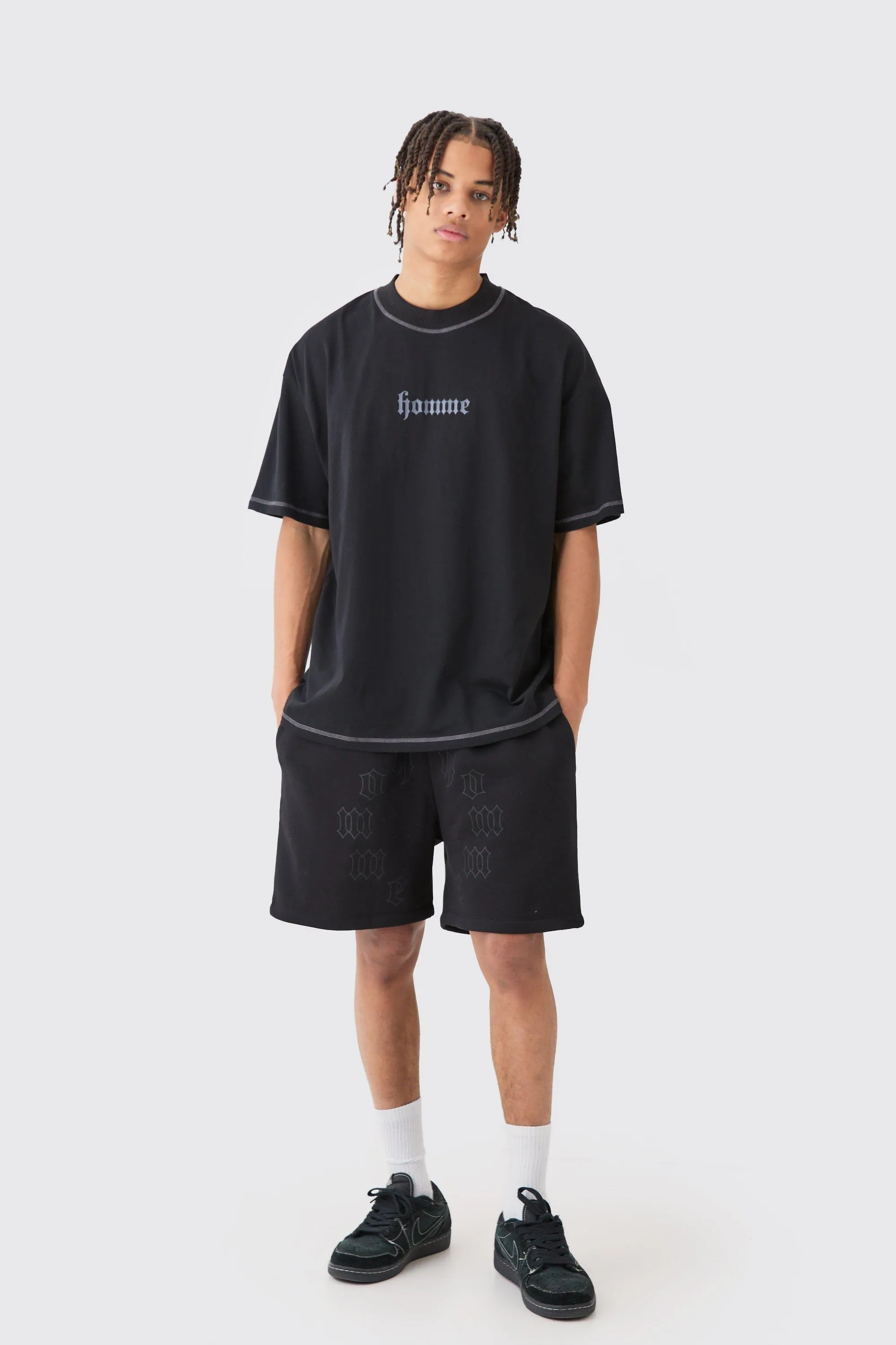 Oversized Graphic Heart Contrast Stitch T-shirt & Short Set | boohooMAN UK