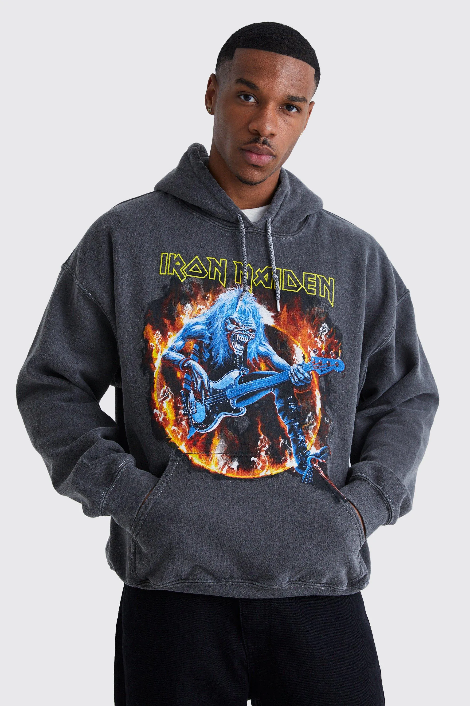 Oversized Iron Maiden Overdye License Hoodie | boohooMAN UK