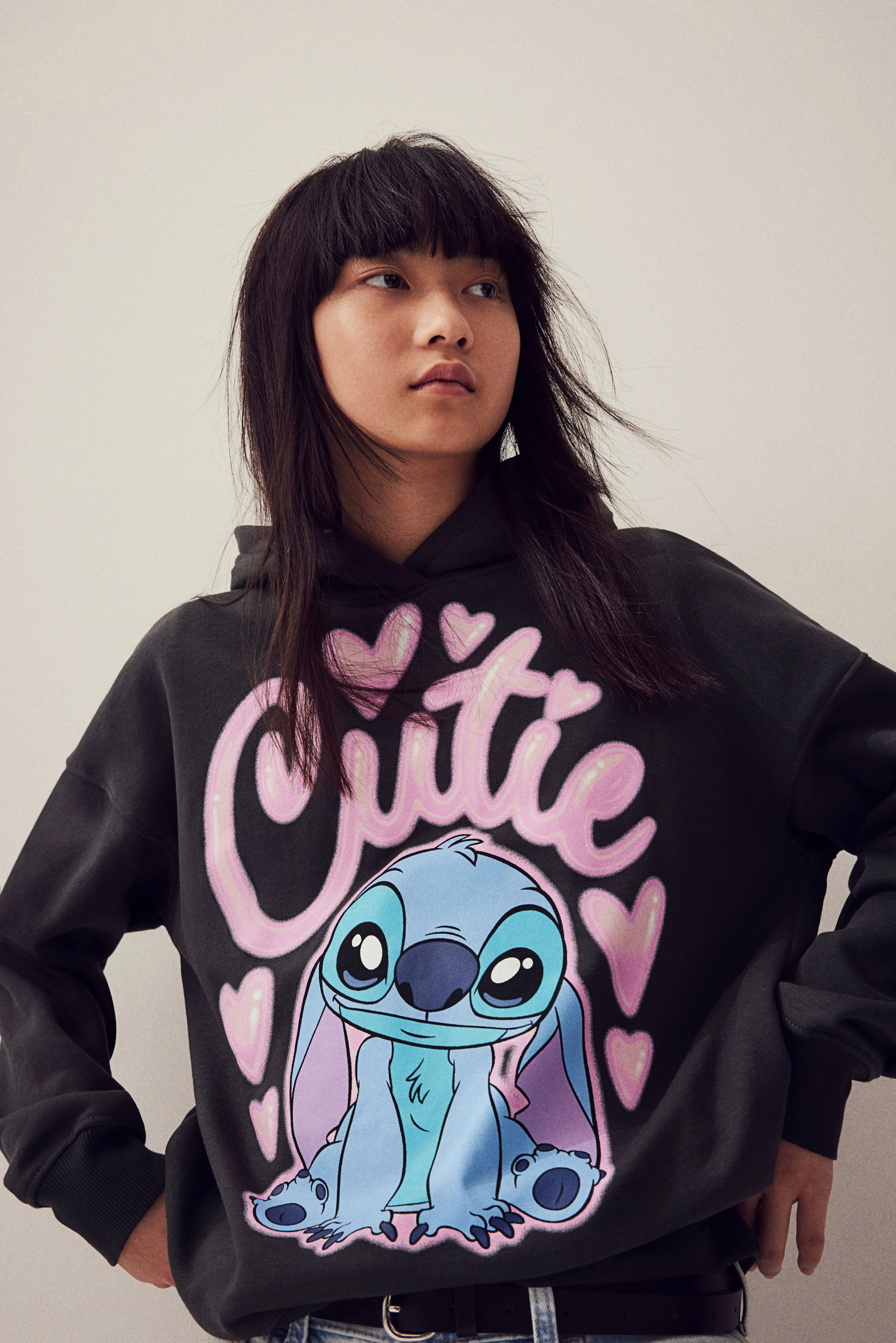 Oversized printed hoodie - Long sleeve - Long - Dark grey/Lilo & Stitch - Kids | H&M GB