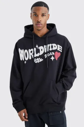 Oversized Puff Print Worldwide Graphic Hoodie | boohooMAN UK