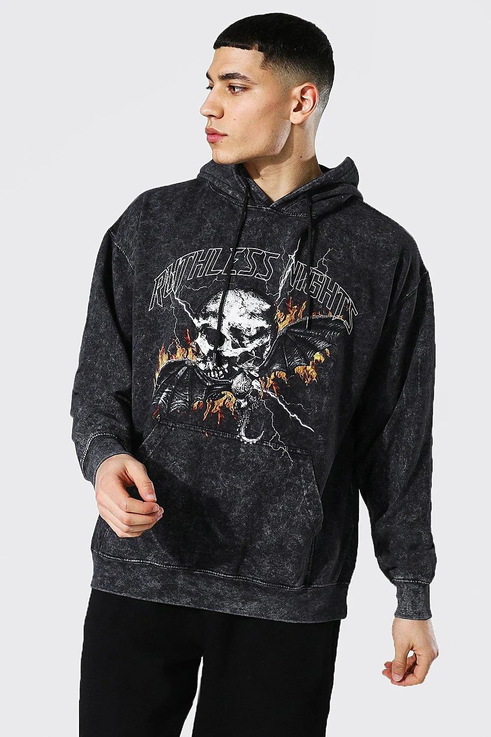 Oversized Ruthless Nights Acid Wash Hoodie | boohooMAN UK